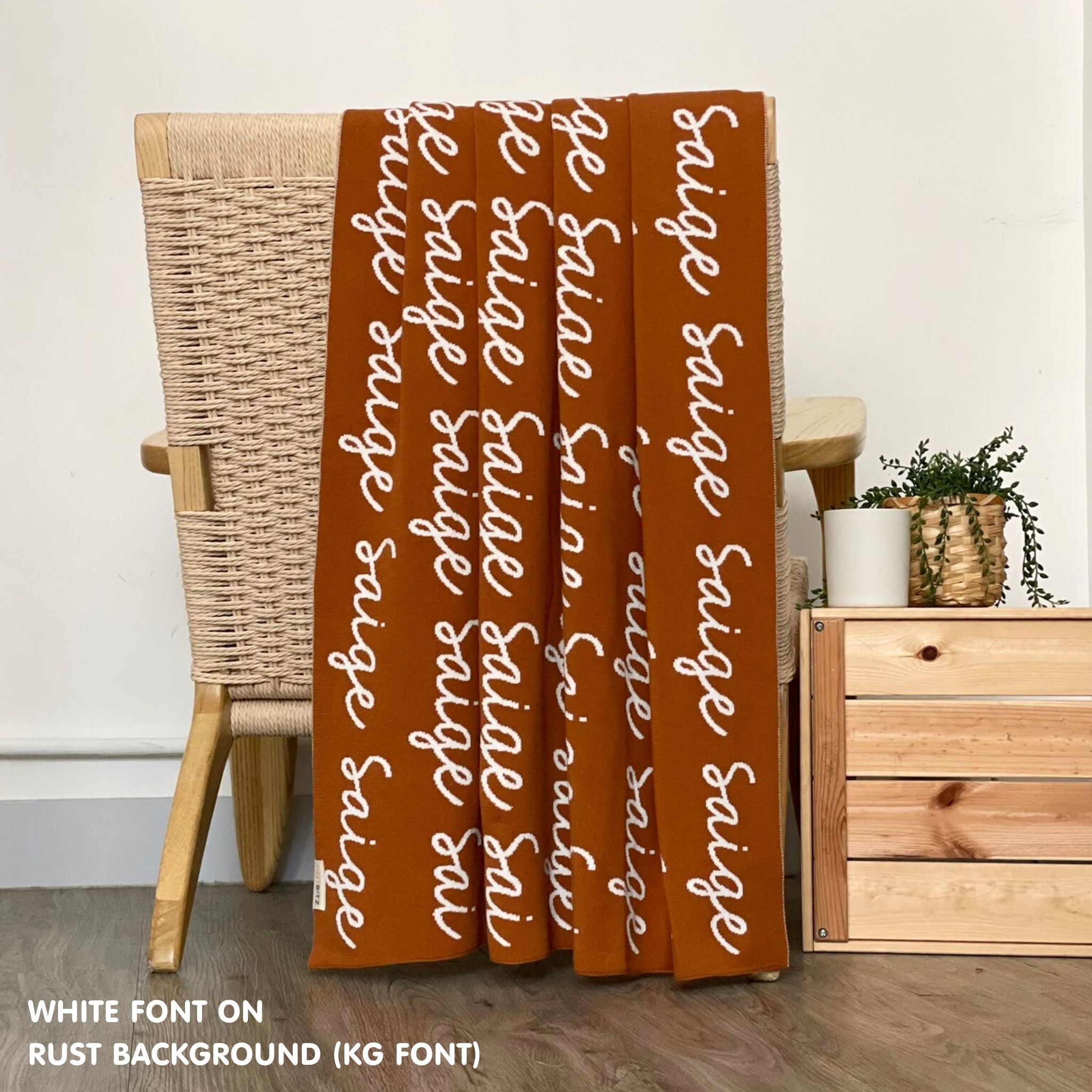 Personalised pet blanket in rust and white knitted cotton, cozy custom cat blanket by TinyBitz, perfect personalized gift for pet lovers.