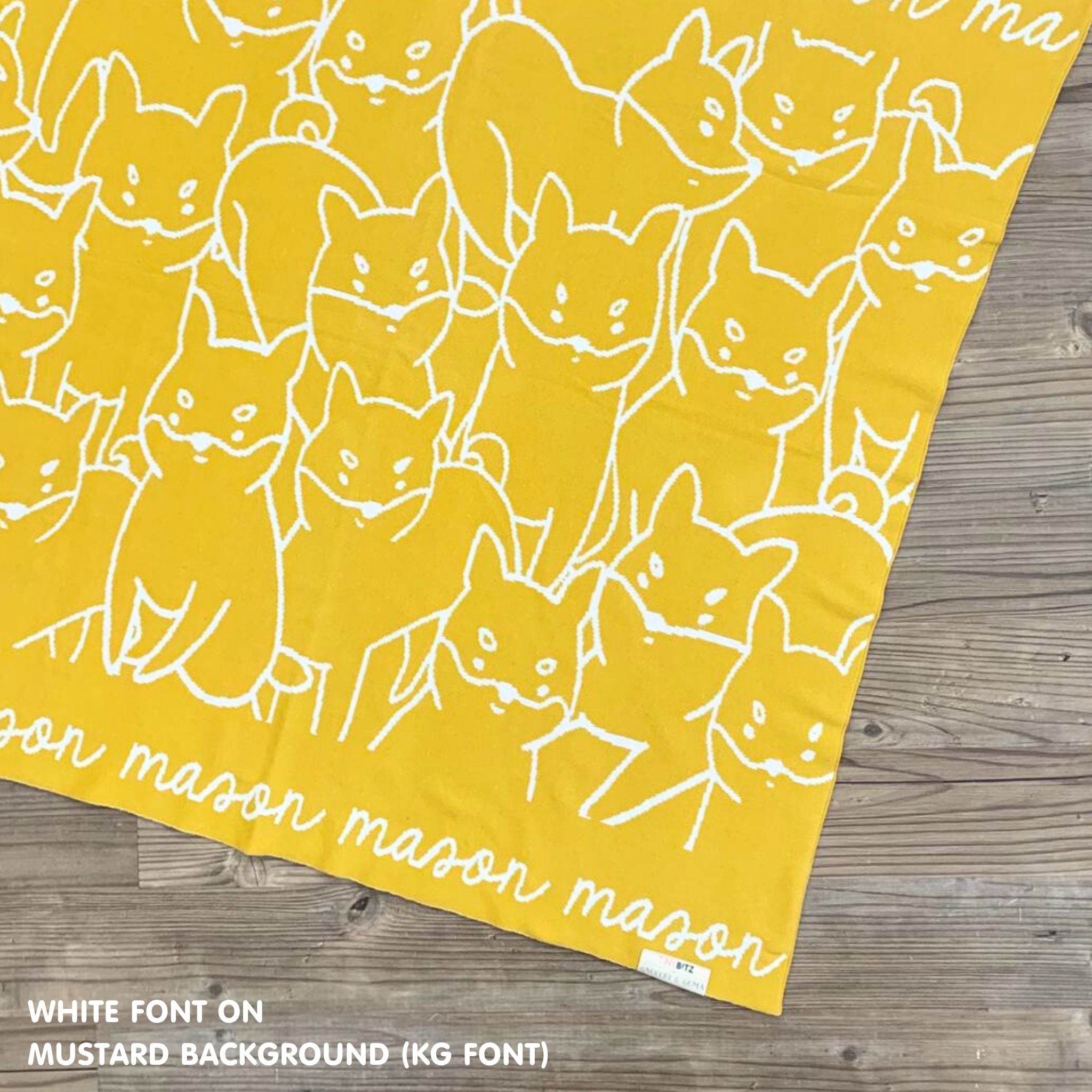Personalised pet blanket for Shiba in mustard and white knitted cotton, personalise your dog bed with custom knitted cat blanket by TinyBitz.