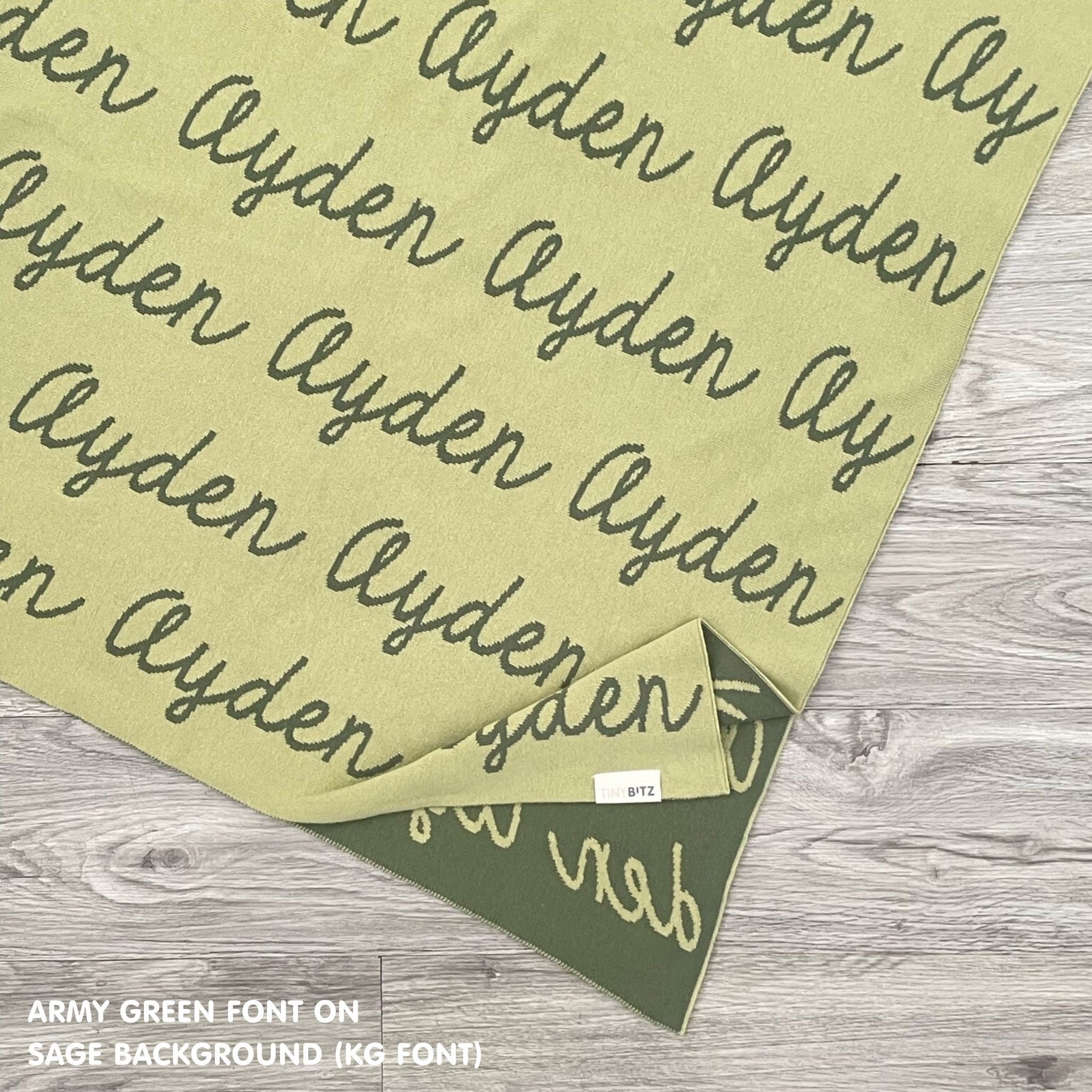 Personalised pet blanket for in sage and army green knitted cotton, custom knitted dog blanket by TinyBitz, perfect gift for dog lovers.