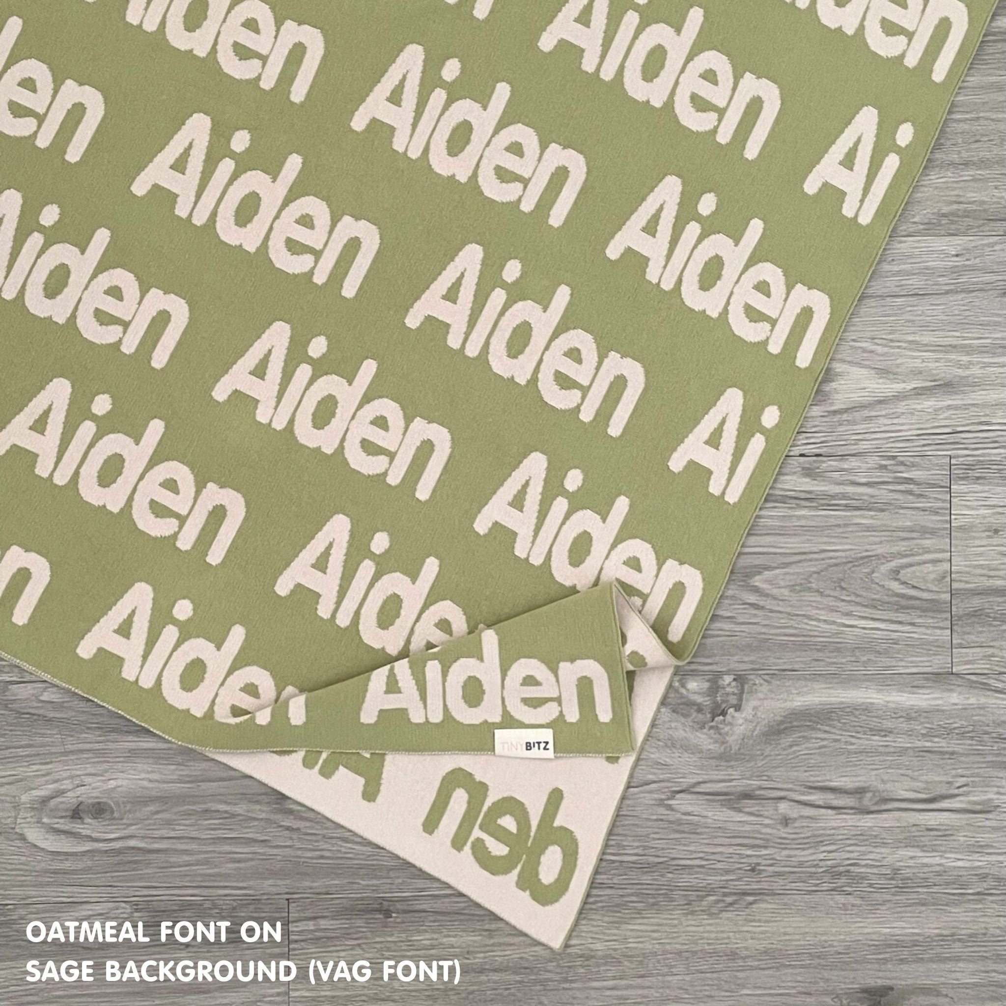 Personalised pet blanket for cats in sage and oatmeal knitted cotton, custom knitted cat blanket by TinyBitz, perfect gift for cat lovers.