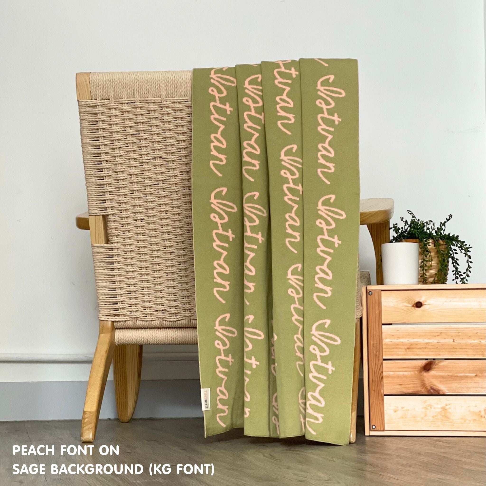 Personalised pet blanket for cats in sage and peach knitted cotton, personalise your cat bed with custom knitted cat blanket by TinyBitz.