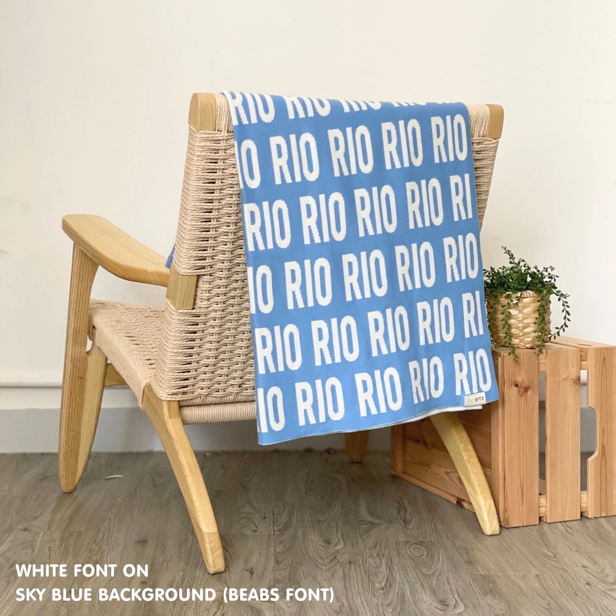 Personalised pet blanket for cats in sky blue and white knitted cotton, custom knitted cat blanket by TinyBitz, perfect gift for cat lovers.