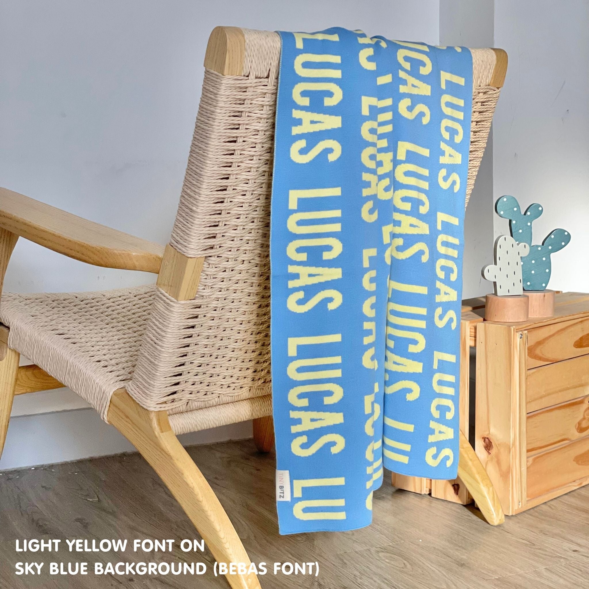 Personalised pet blanket for cats in sky blue and light yellow knitted cotton, personalise your cat bed with custom knitted cat blanket by TinyBitz.