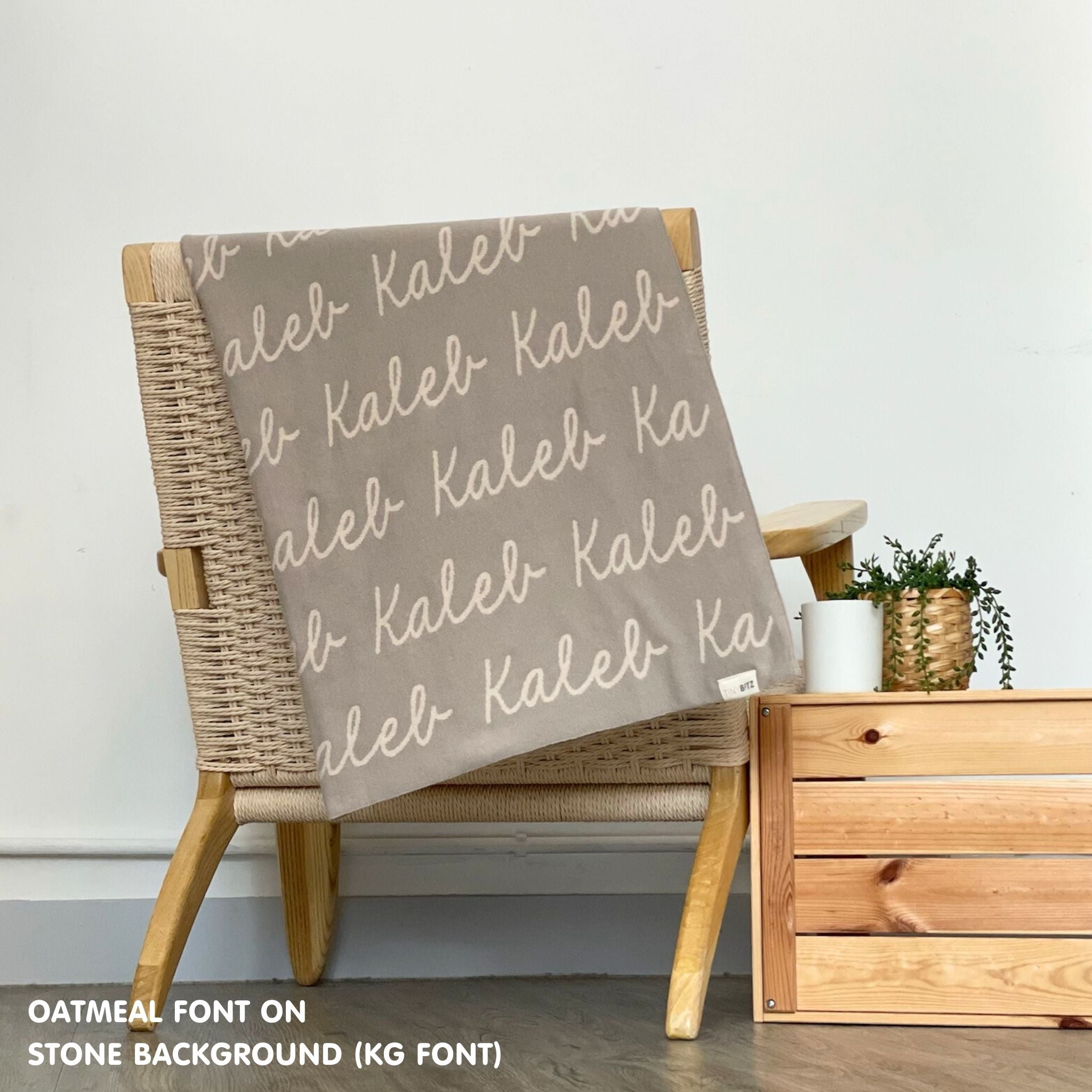 Personalised pet blanket for cats in stone and oatmeal knitted cotton, custom knitted cat blanket by TinyBitz, perfect gift for cat lovers.