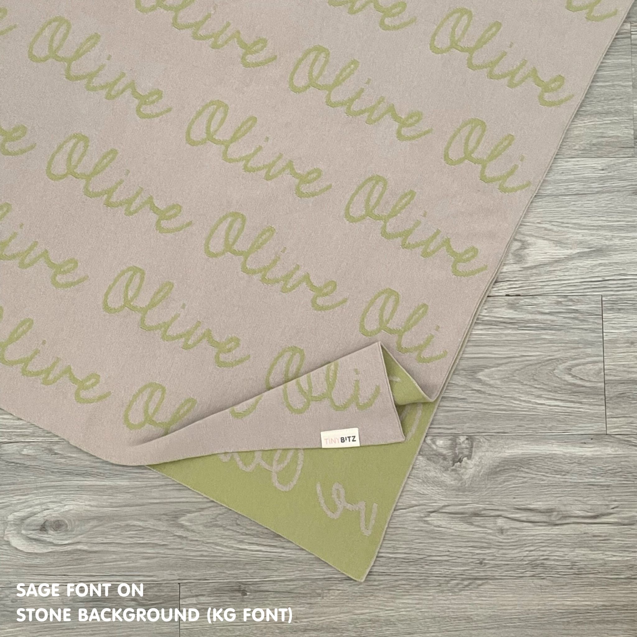 Personalised pet blanket for dogs in stone and sage, custom knitted dog blanket by TinyBitz, cozy gift for small dogs.