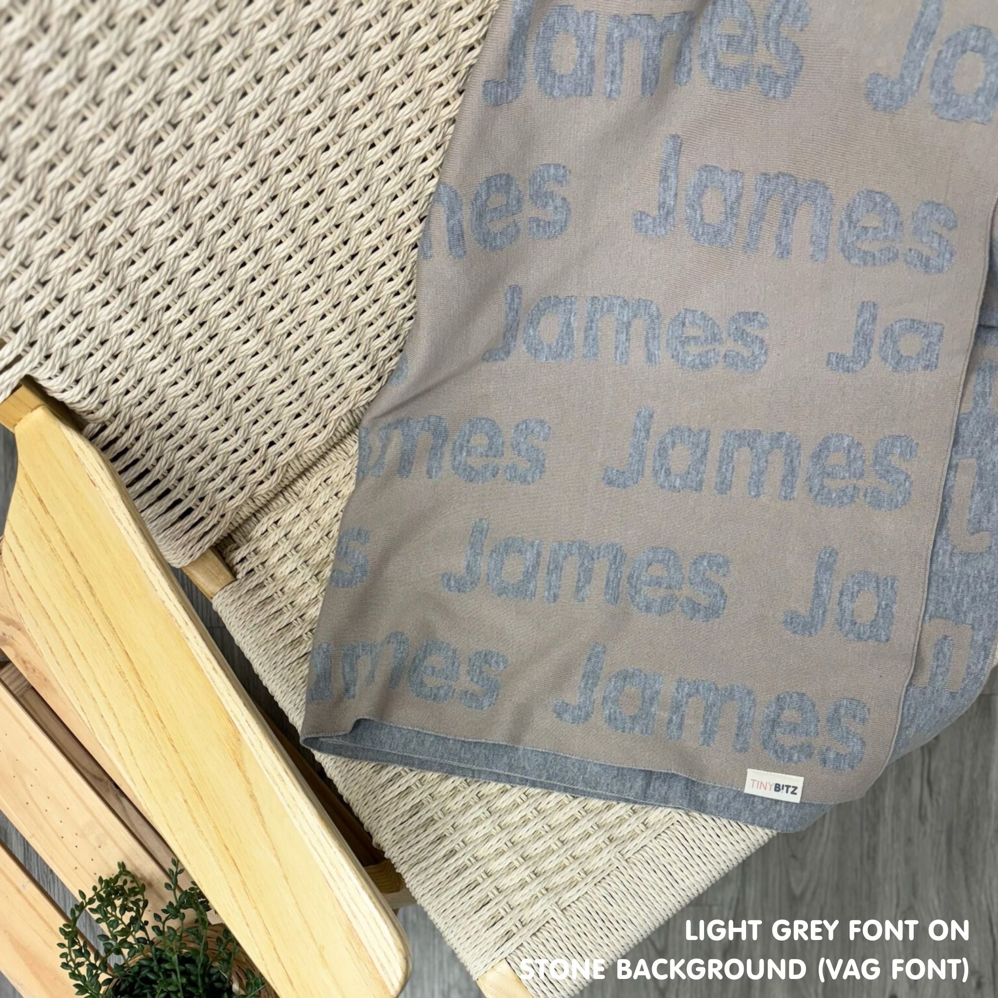 Personalised pet blanket in stone and light grey knitted cotton, custom knitted dog blanket by TinyBitz, perfect gift for dog lovers.