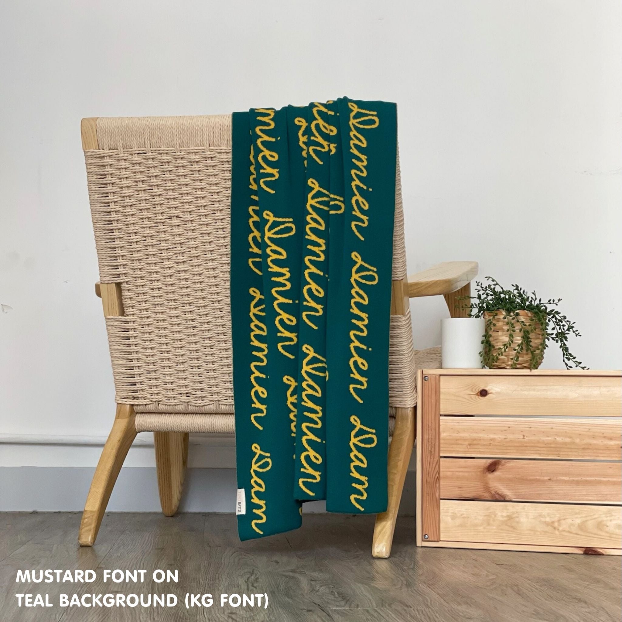 Personalised pet blanket with name Damien in teal and mustard, custom dog blanket by TinyBitz, cozy gift for dogs.