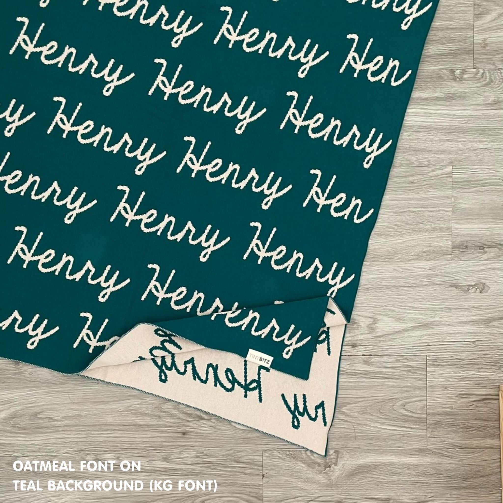 Personalised pet blanket in teal and oatmeal knitted cotton, cozy custom cat blanket by TinyBitz, perfect personalized gift for pet lovers.