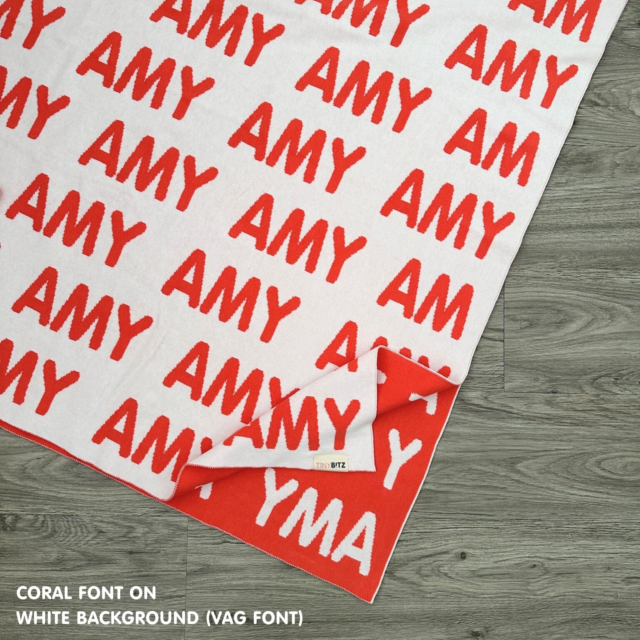 Personalised pet blanket for dogs in white and coral, custom knitted dog blanket by TinyBitz, cozy gift for small dogs.