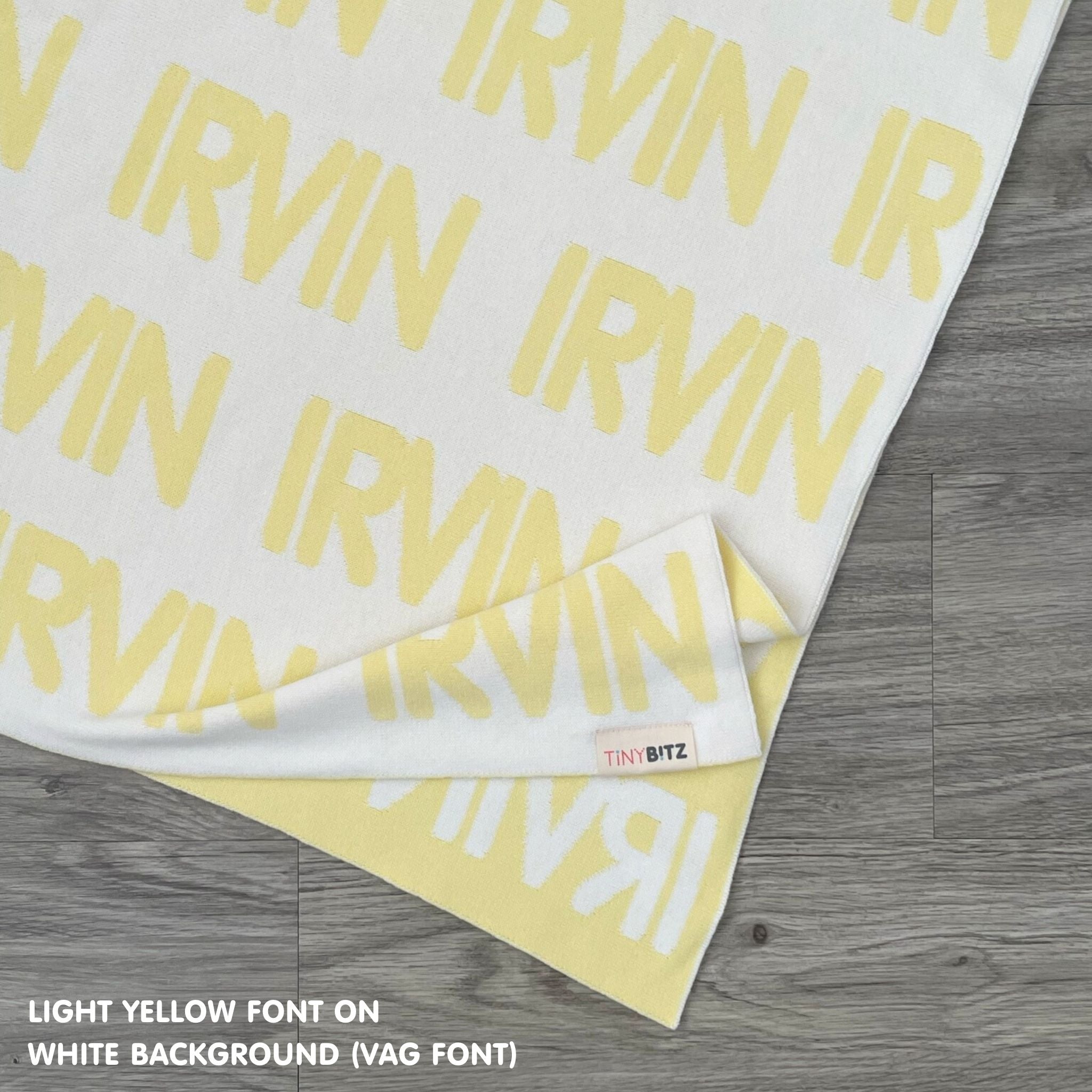 Personalised pet blanket in white and light yellow knitted cotton, cozy custom cat blanket by TinyBitz, perfect personalized gift for pet lovers.