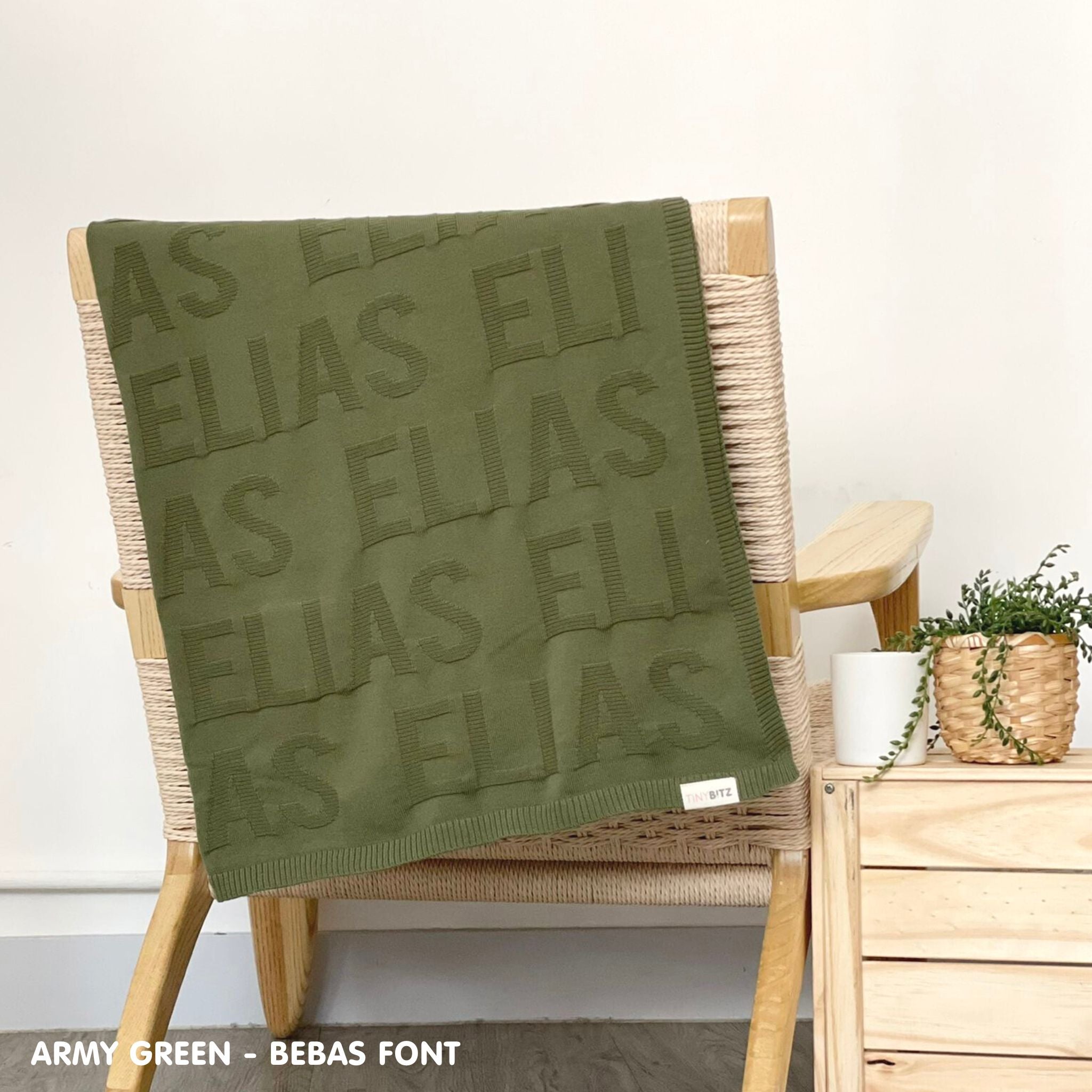 TinyBitz personalized knitted blanket in army green, one colour with monogram, customized with baby's name and 100% cotton.