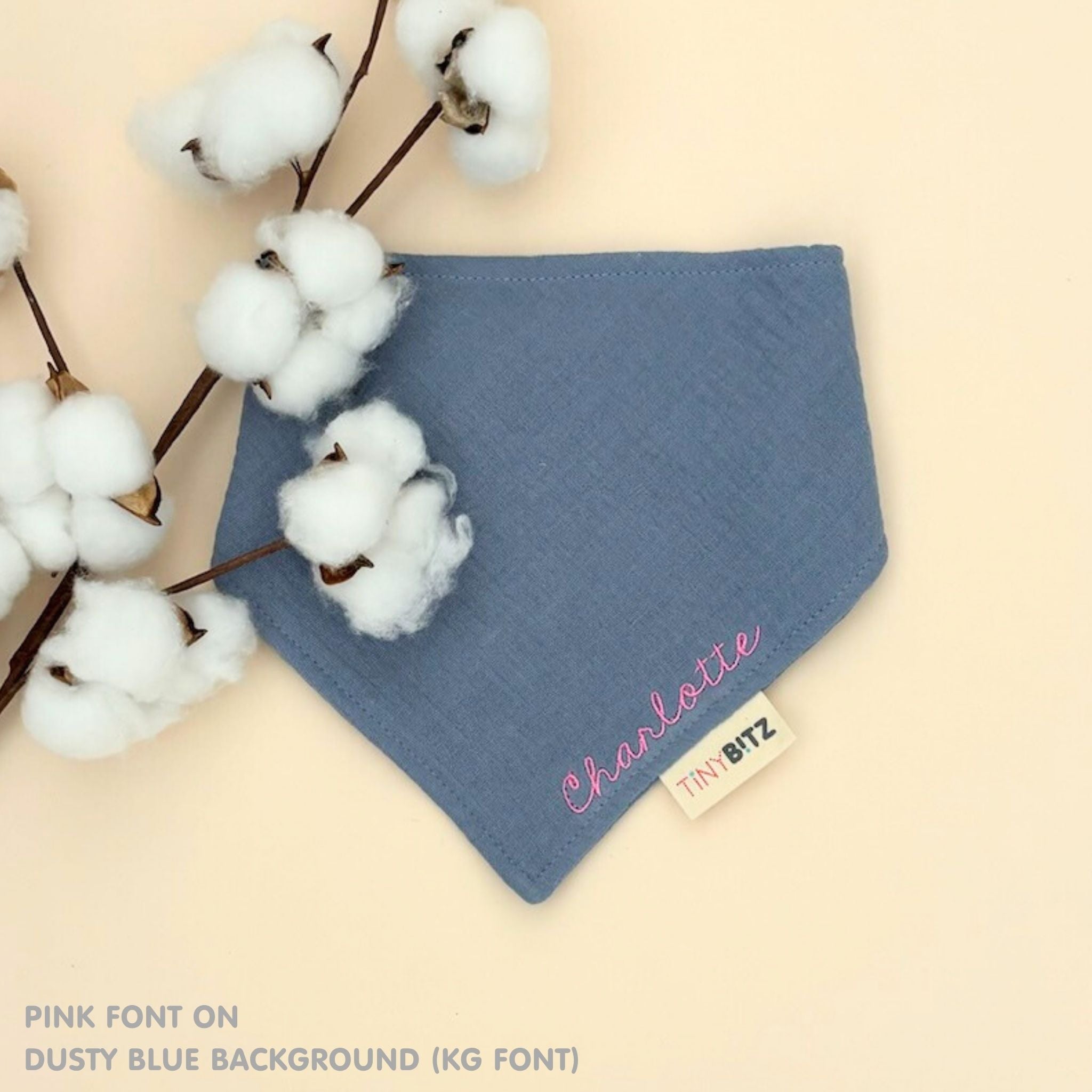 Personalised baby bib in dusty blue with name embroidery, custom organic cotton bib by TinyBitz, thoughtful baby shower gift.