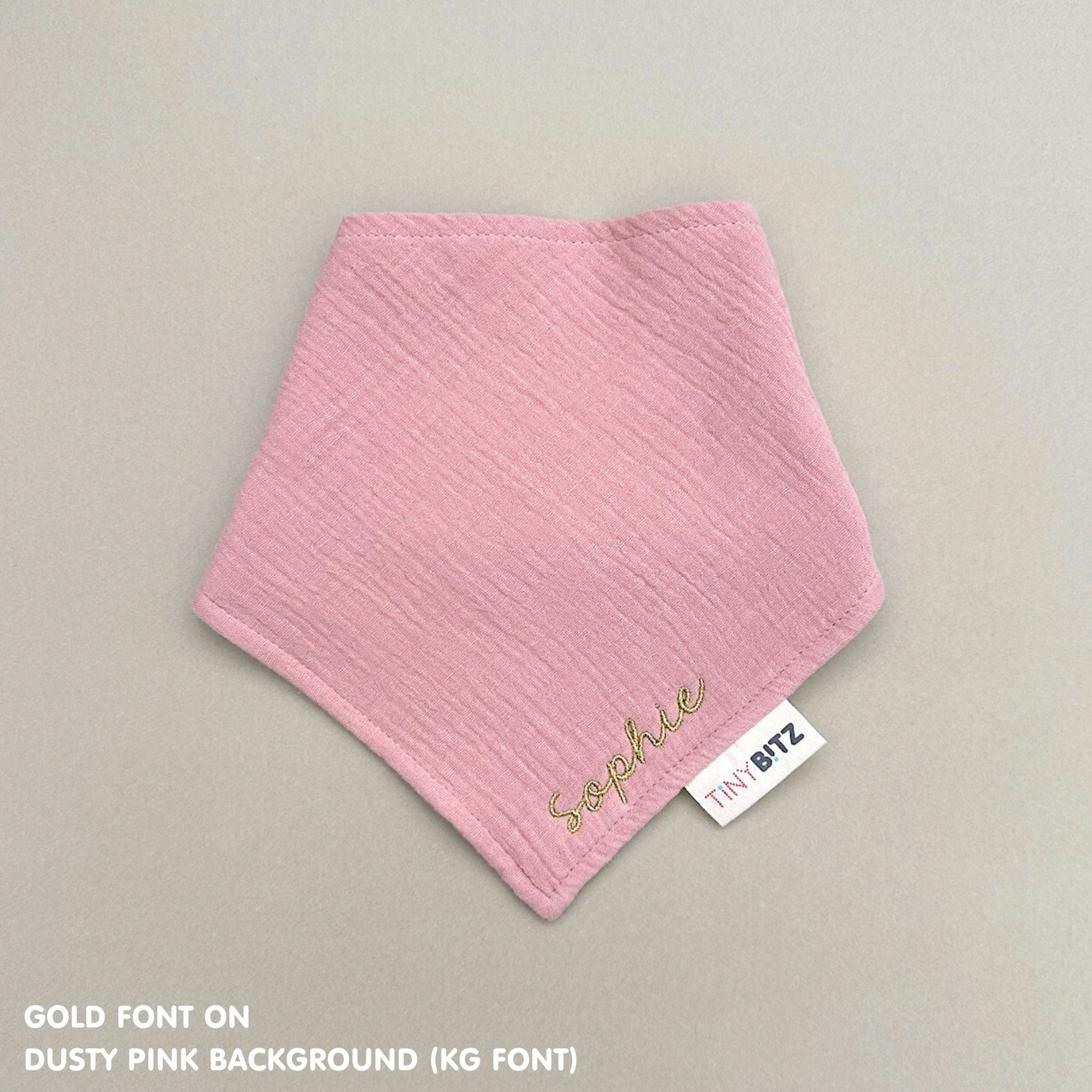 Organic cotton baby bib with name stitched on dusty pink fabric, personalised baby gifts by TinyBitz.