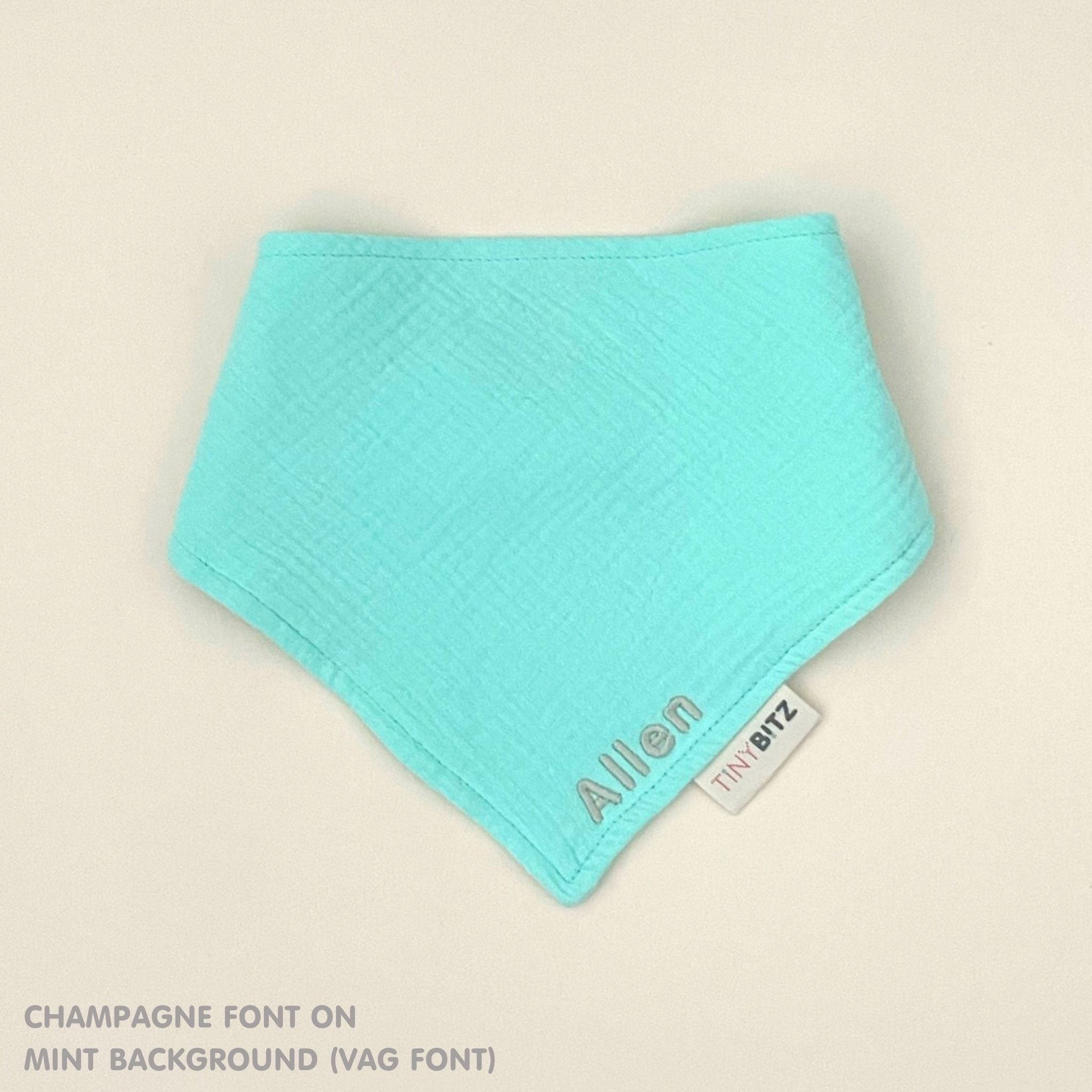 Organic cotton baby bib with name stitched on mint fabric, personalised baby gifts by TinyBitz.