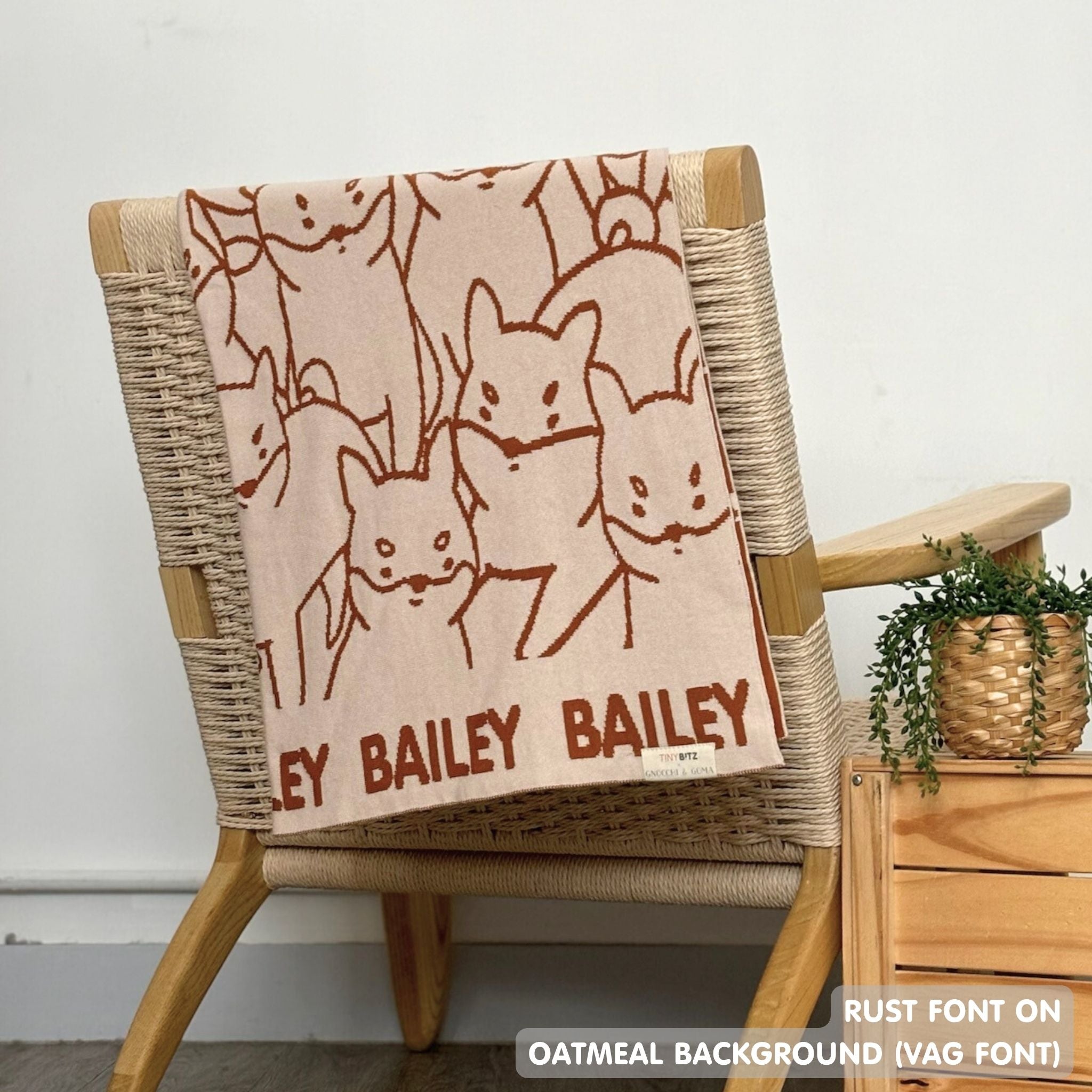 Personalised pet blanket for dogs in oatmeal and rust, custom knitted dog blanket by TinyBitz, cozy gift for small dogs.