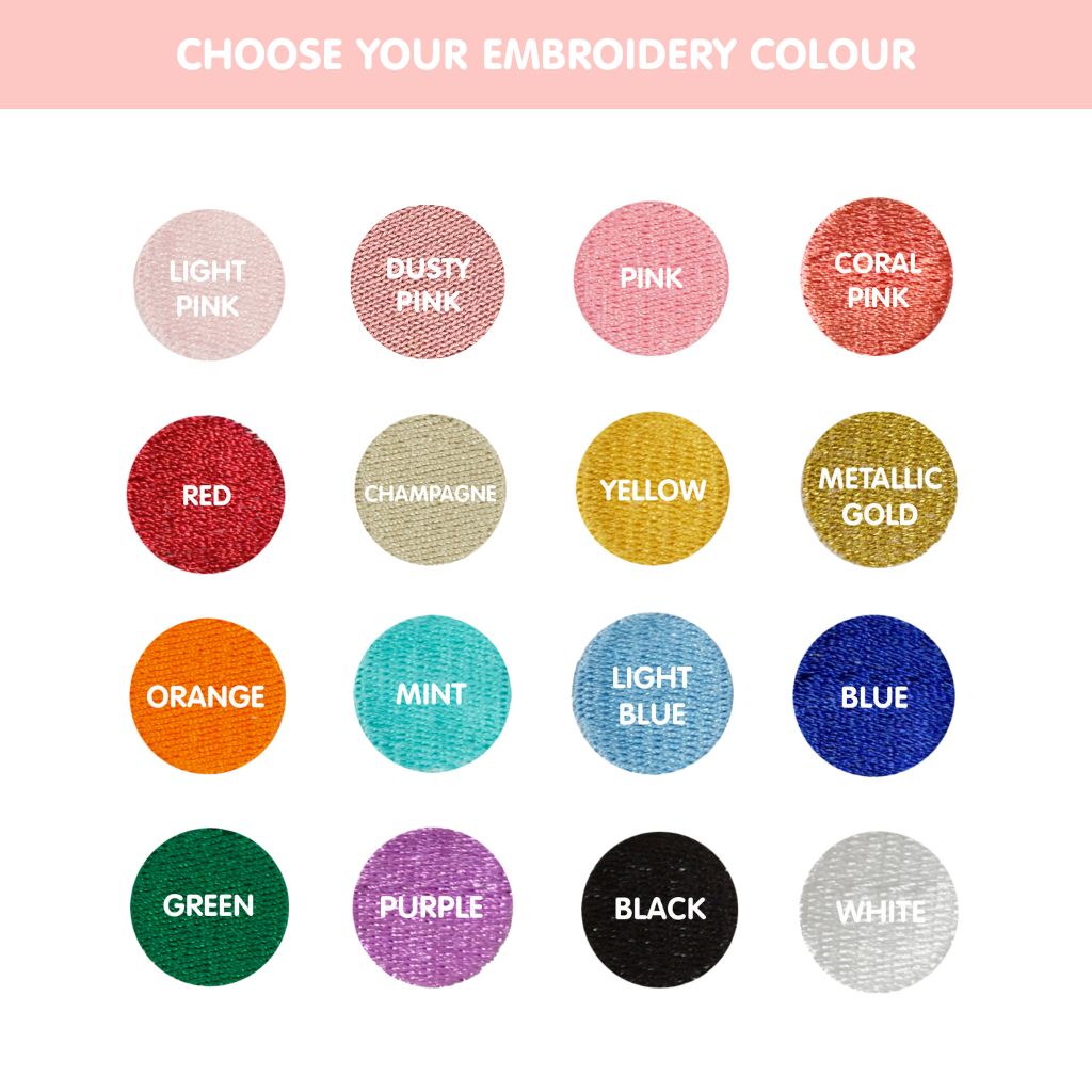 Font color selections available for name personalization on TinyBitz dusty blue organic muslin baby bib.