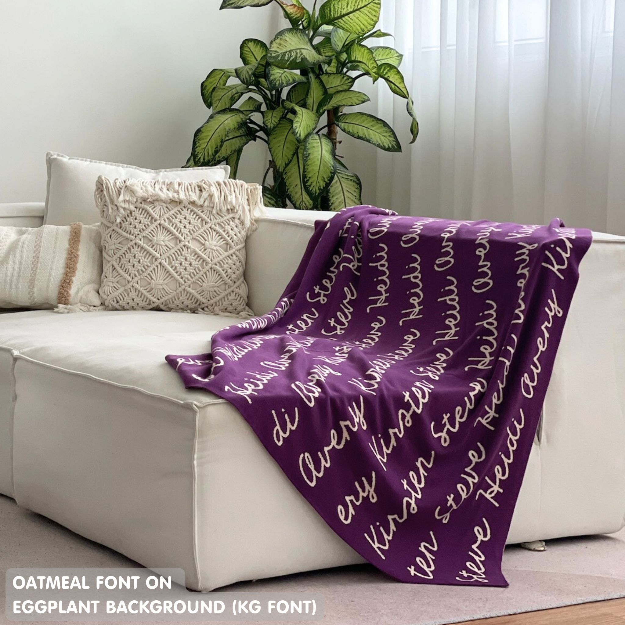 Custom knitted blanket with family members' names on it, making it the best personalised family gift!