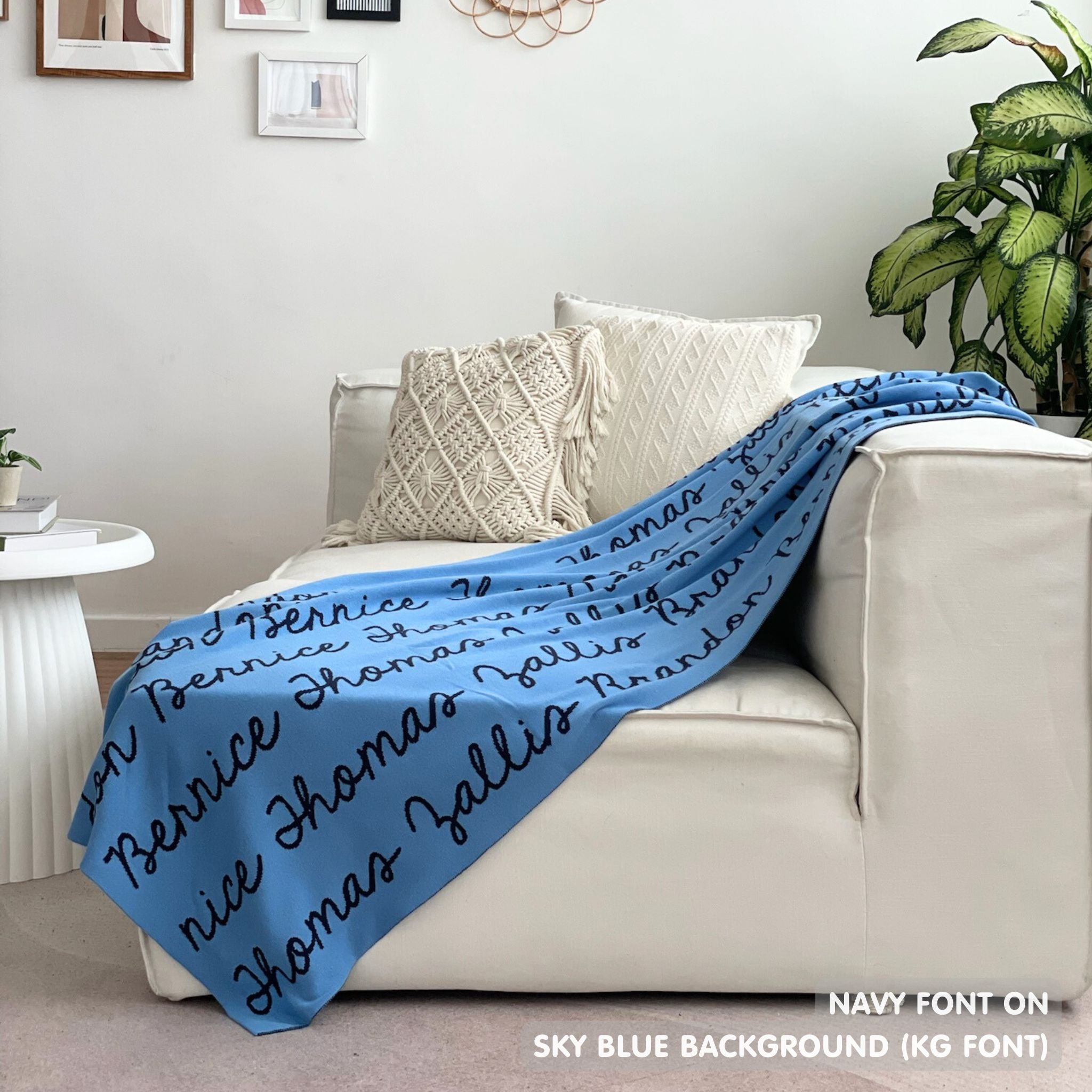 Custom knitted blanket with family members' names on it, making it the best personalised family gift!