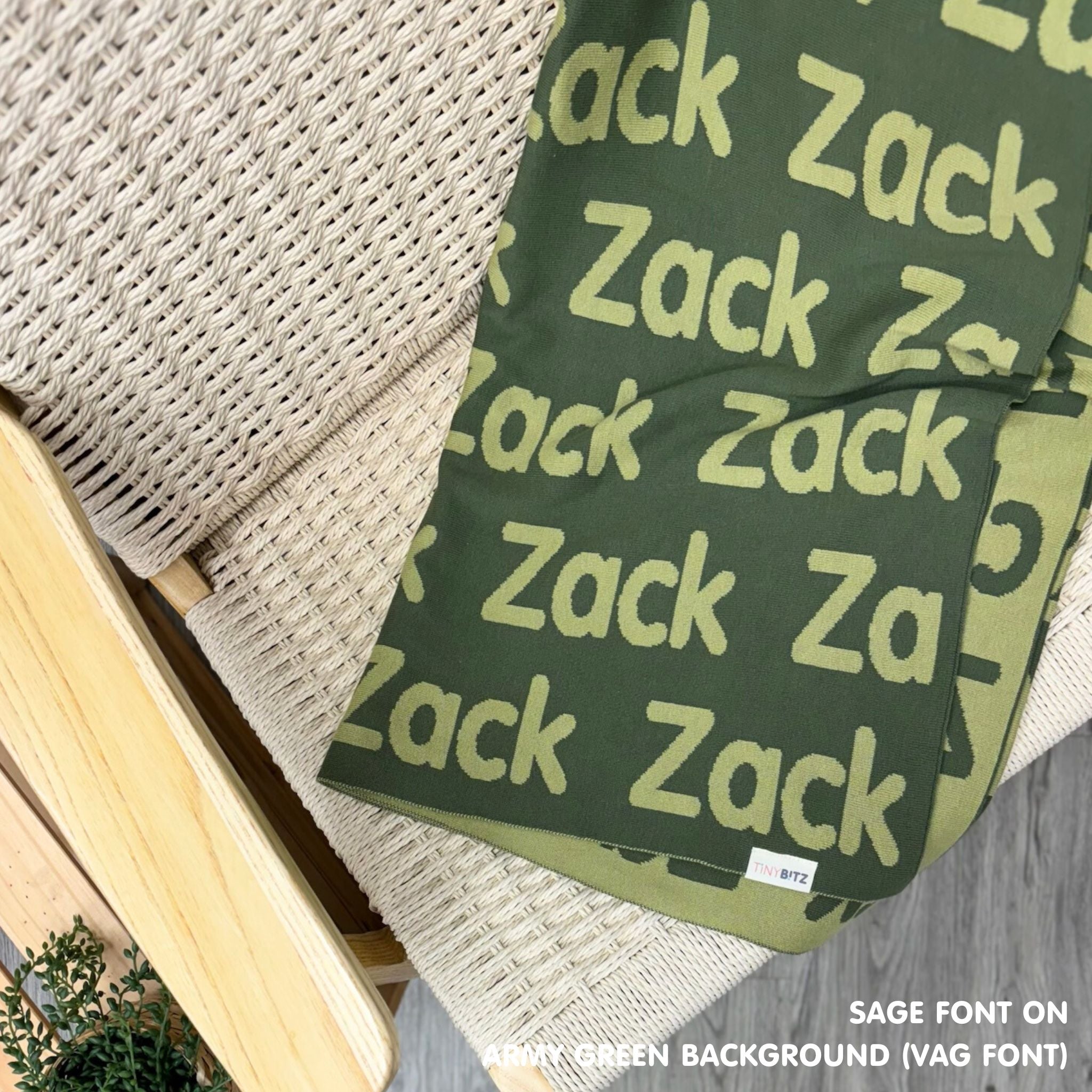 Personalised pet blanket in army green and sage knitted cotton, custom knitted dog blanket by TinyBitz, perfect gift for dog lovers.