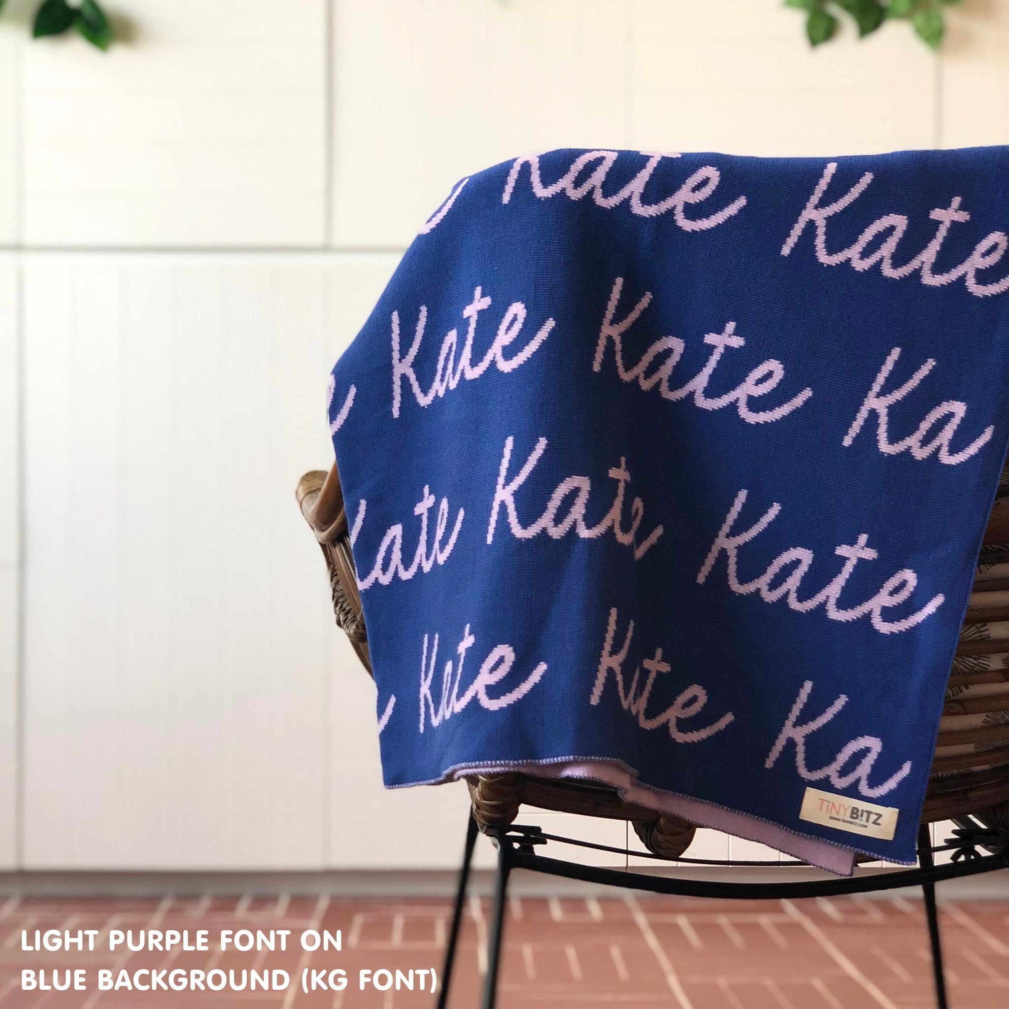 TinyBitz Custom Blanket knitted from cotton with baby's name on blue background, best gift to welcome a newborn baby.