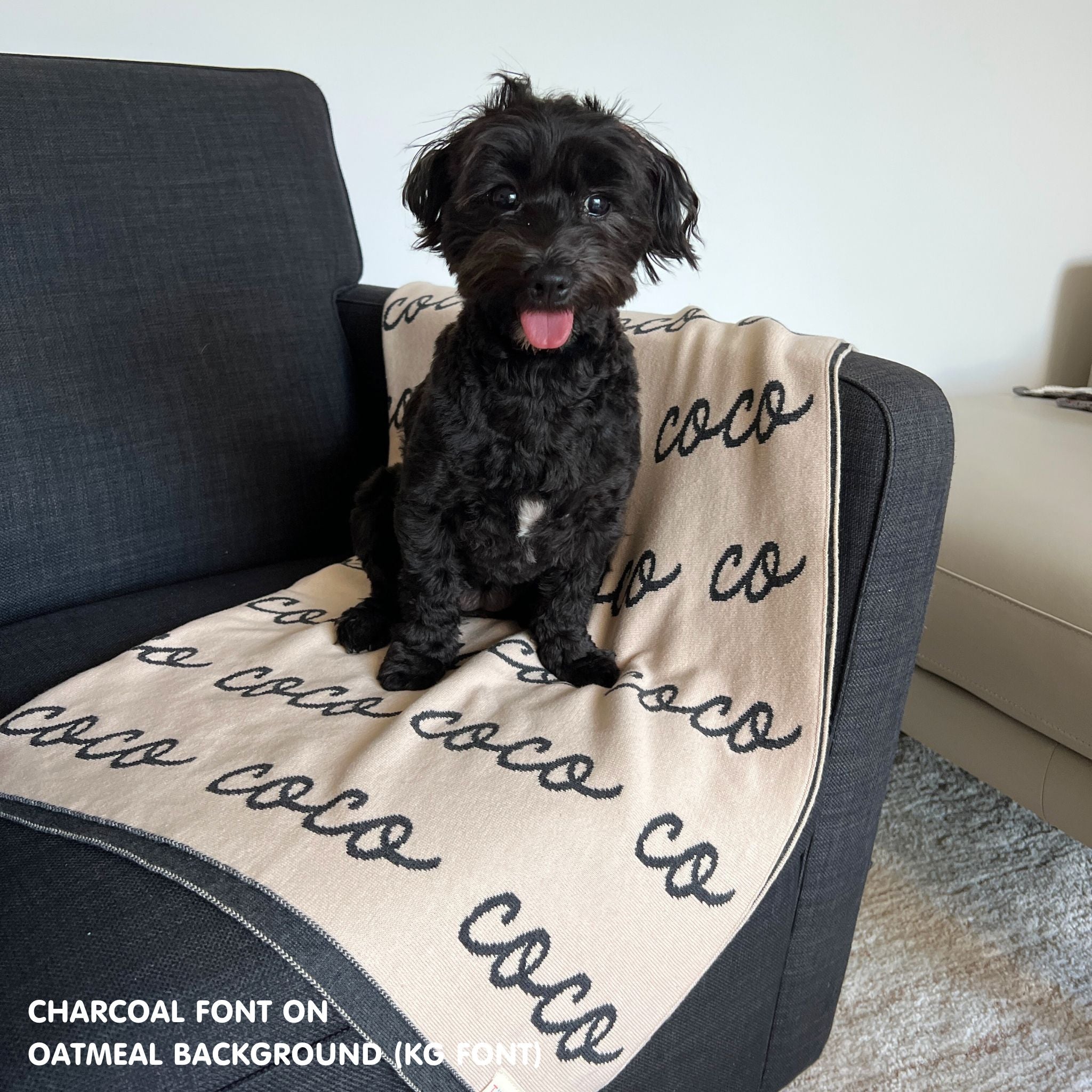Personalised pet blanket in oatmeal and charcoal knitted cotton, custom dog blanket by TinyBitz, styled on modern wooden dog bed.
