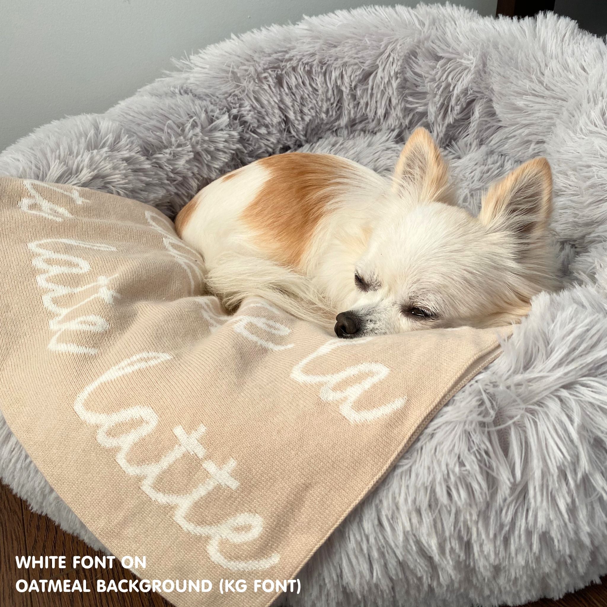 Personalised pet blanket in oatmeal and white knitted cotton, cozy custom cat blanket by TinyBitz, perfect personalized gift for pet lovers.