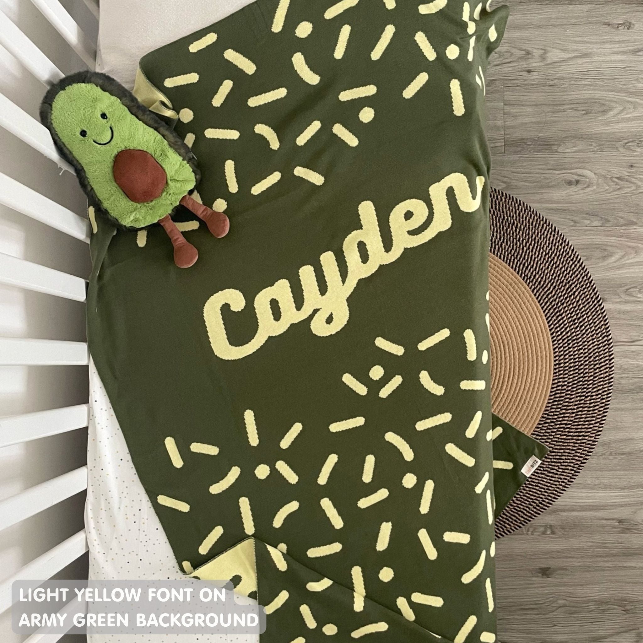 TinyBitz personalized baby knitted name blanket in army green and light yellow, perfect gift for birthdays and special occasions!