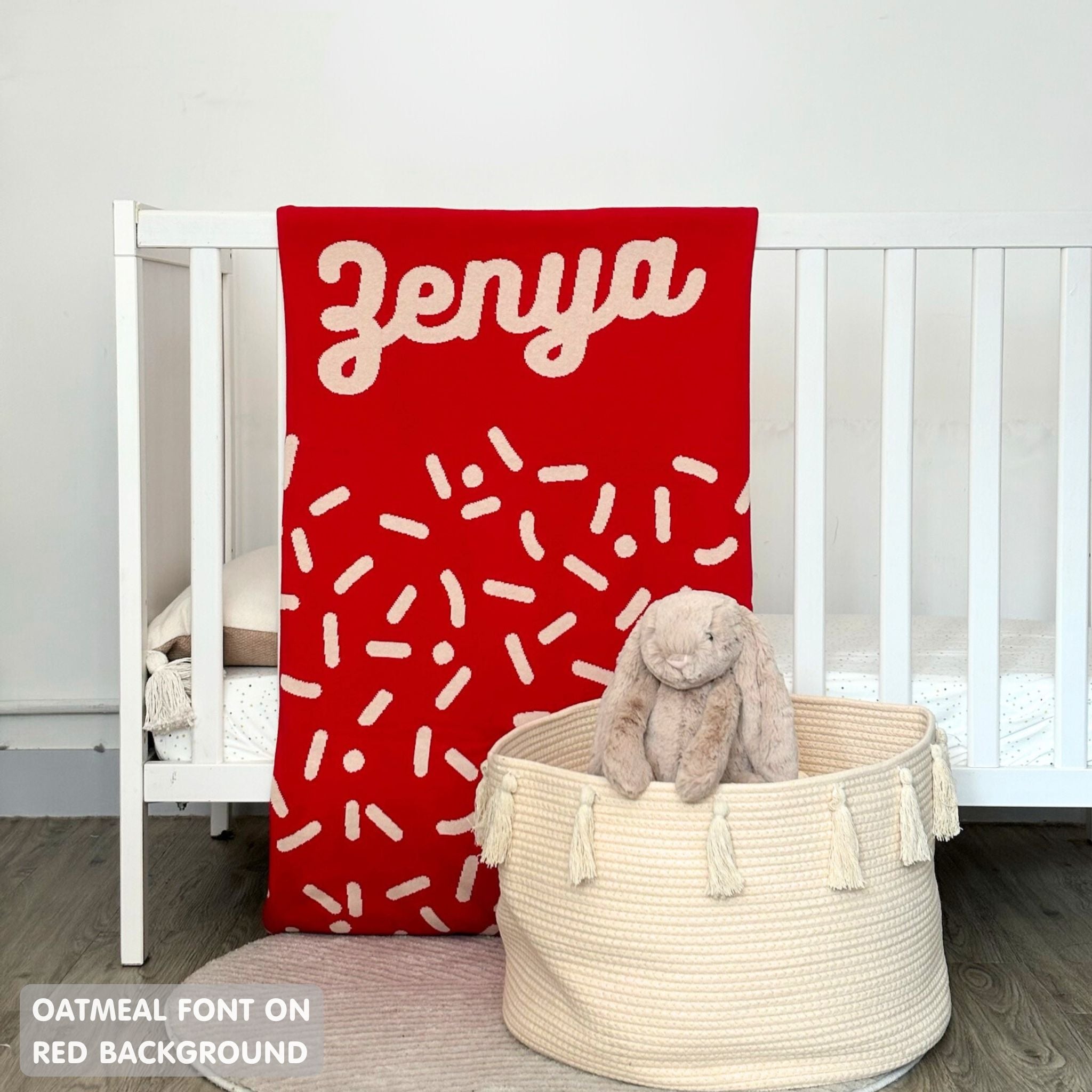 TinyBitz personalized baby name blanket, knitted in red and oatmeal with a confetti pattern, perfect baby shower gift!