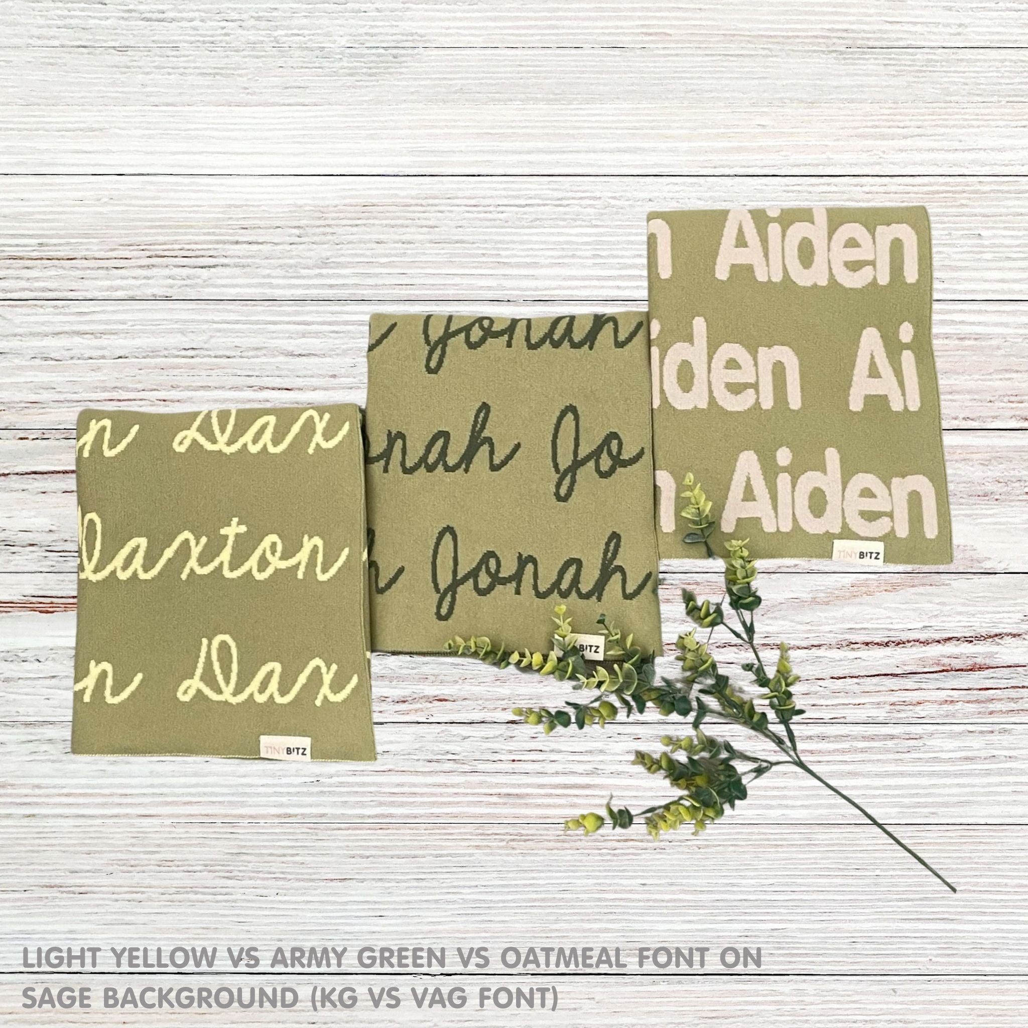 TinyBitz knitted baby blanket in sage background, personalized with your baby’s name.