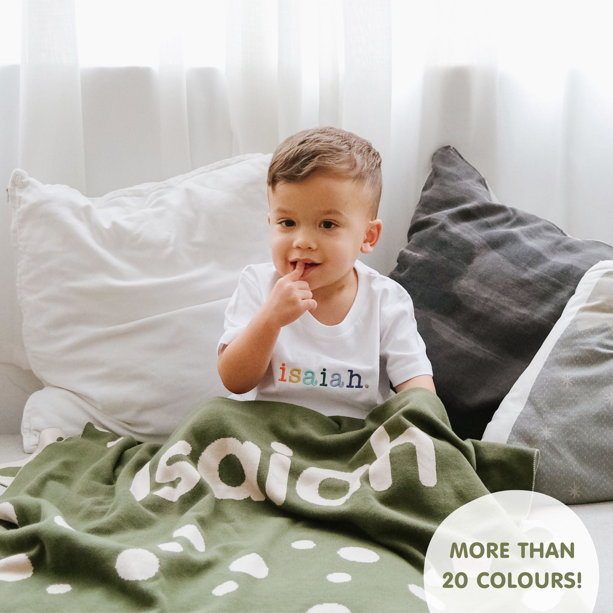 TinyBitz personalized name blanket in army green and oatmeal with dot pattern, perfect gift for newborn babies.