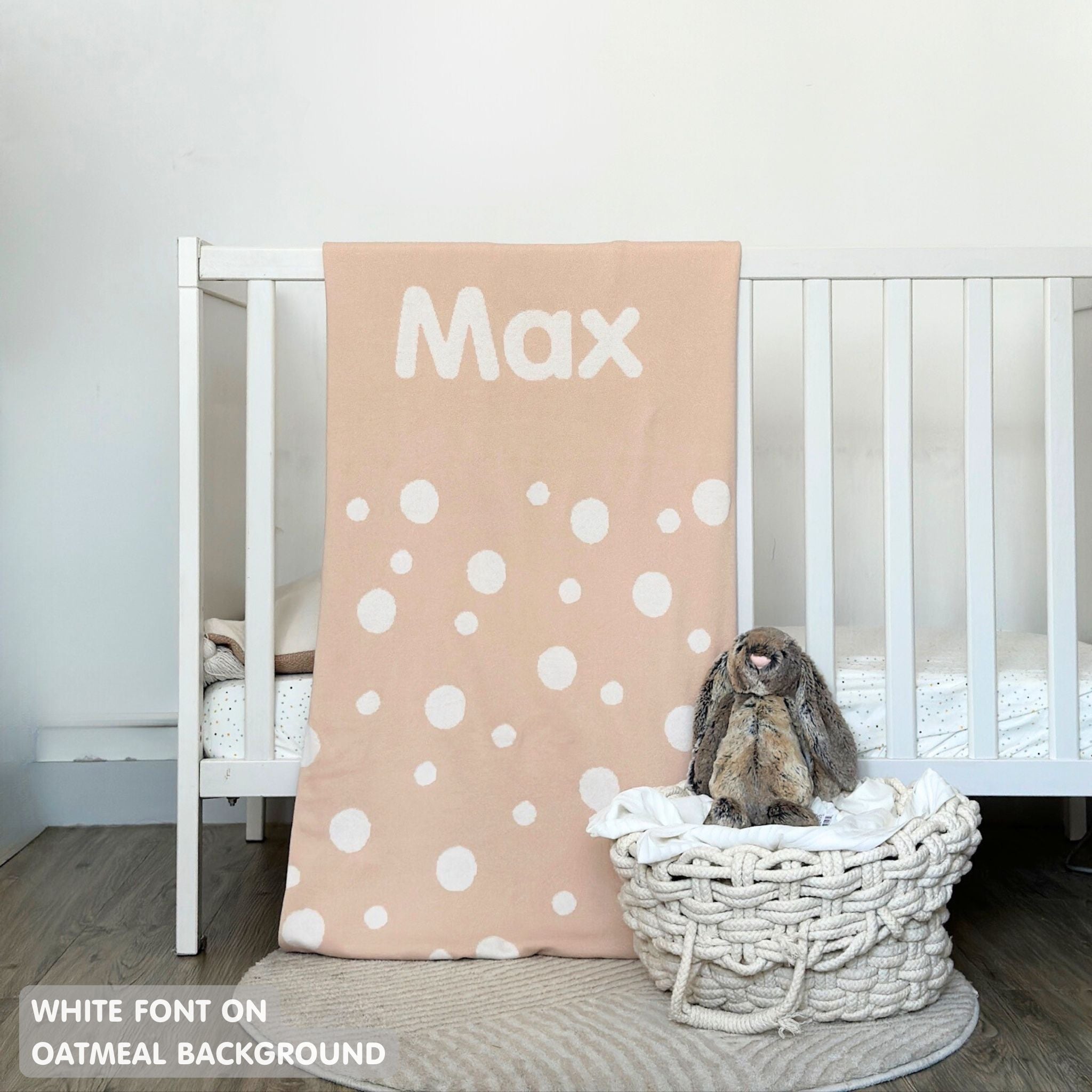 TinyBitz personalized baby name blanket, knitted in oatmeal and white with a dot pattern, perfect baby shower gift!