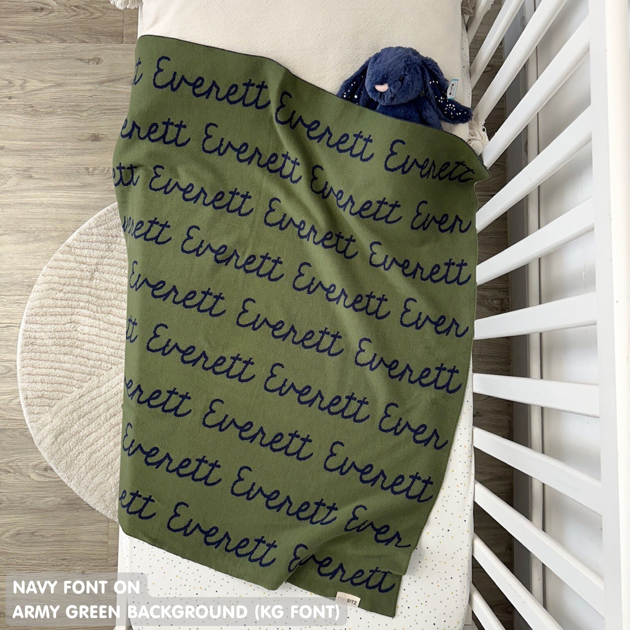 TinyBitz Custom Blanket knitted from cotton with baby's name on army green background, best gift to welcome a newborn baby.