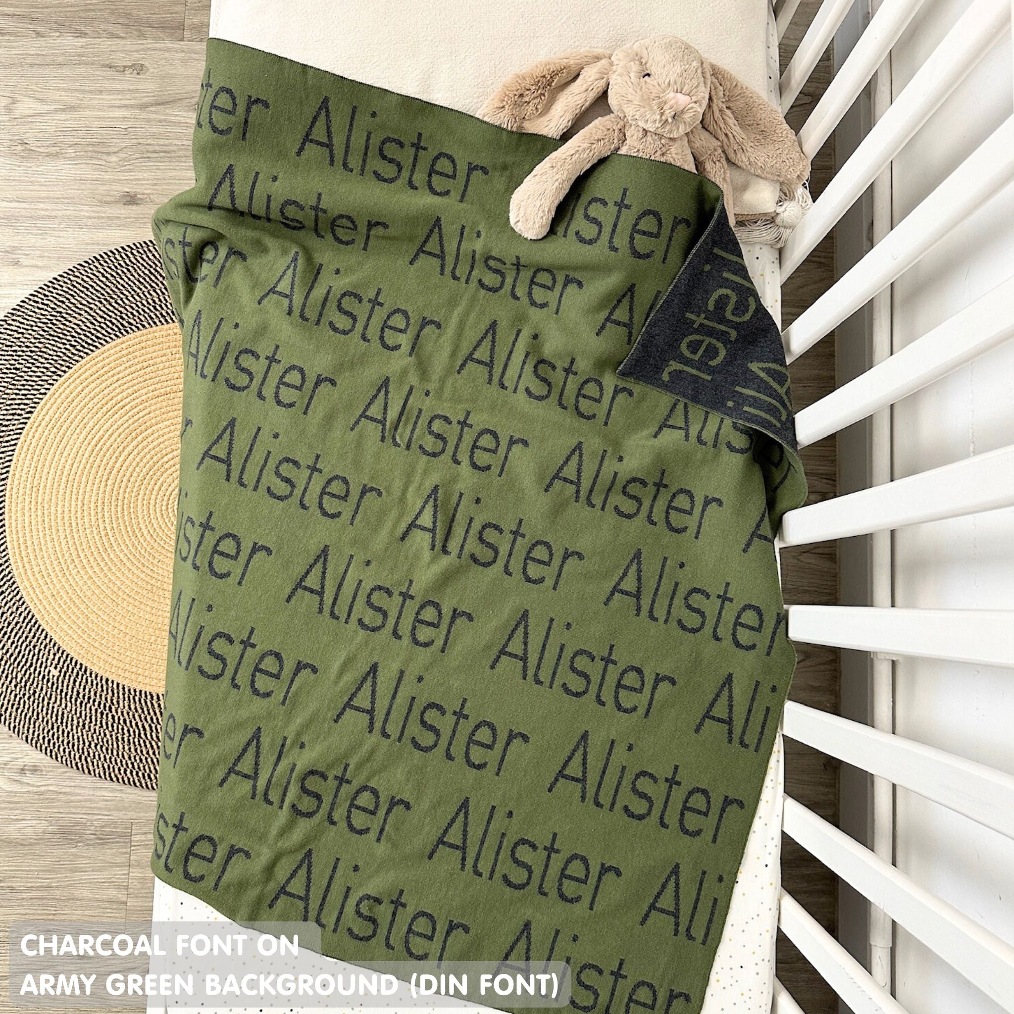Knitted Children blanket in army green and charcoal, customised with kid's name, made by TinyBitz.