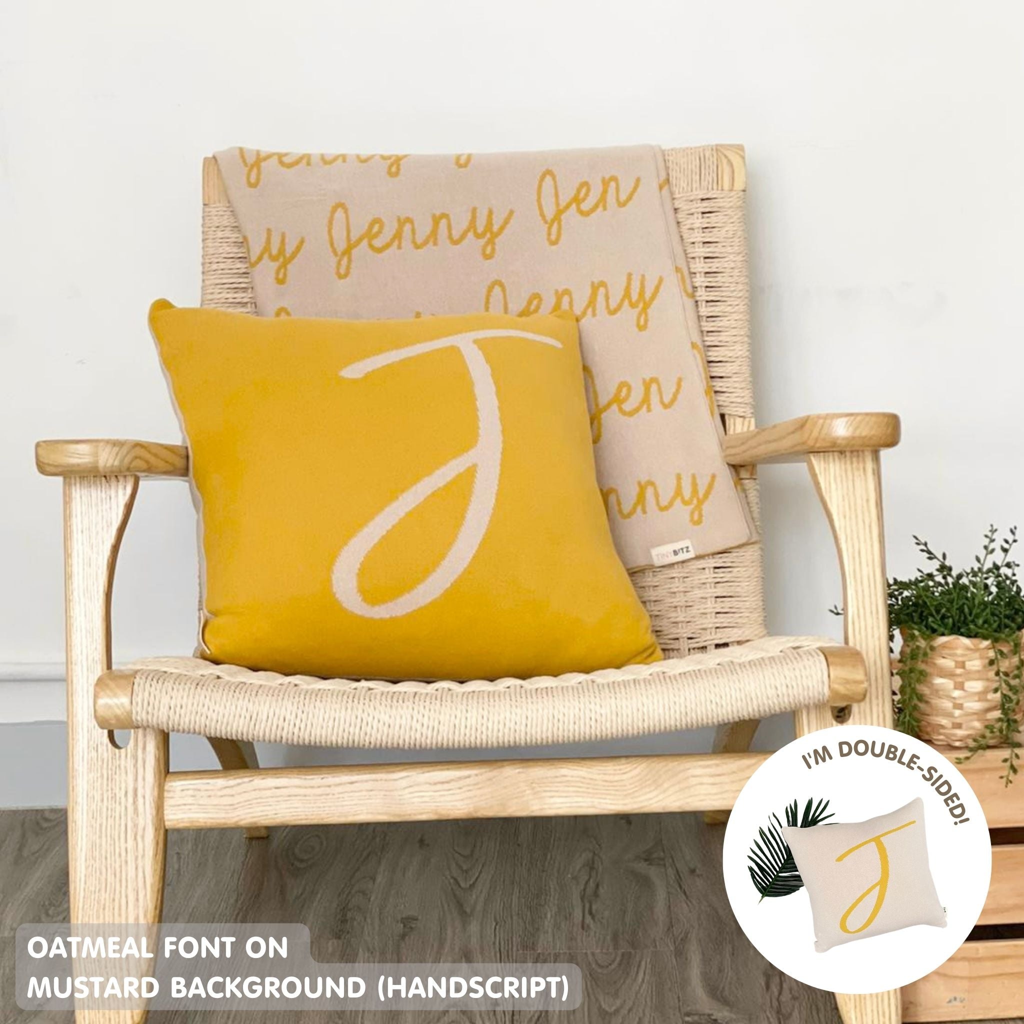 Personalised cushion with initial J in mustard and oatmeal font, knitted cotton cushion by TinyBitz, custom baby and kids gift.