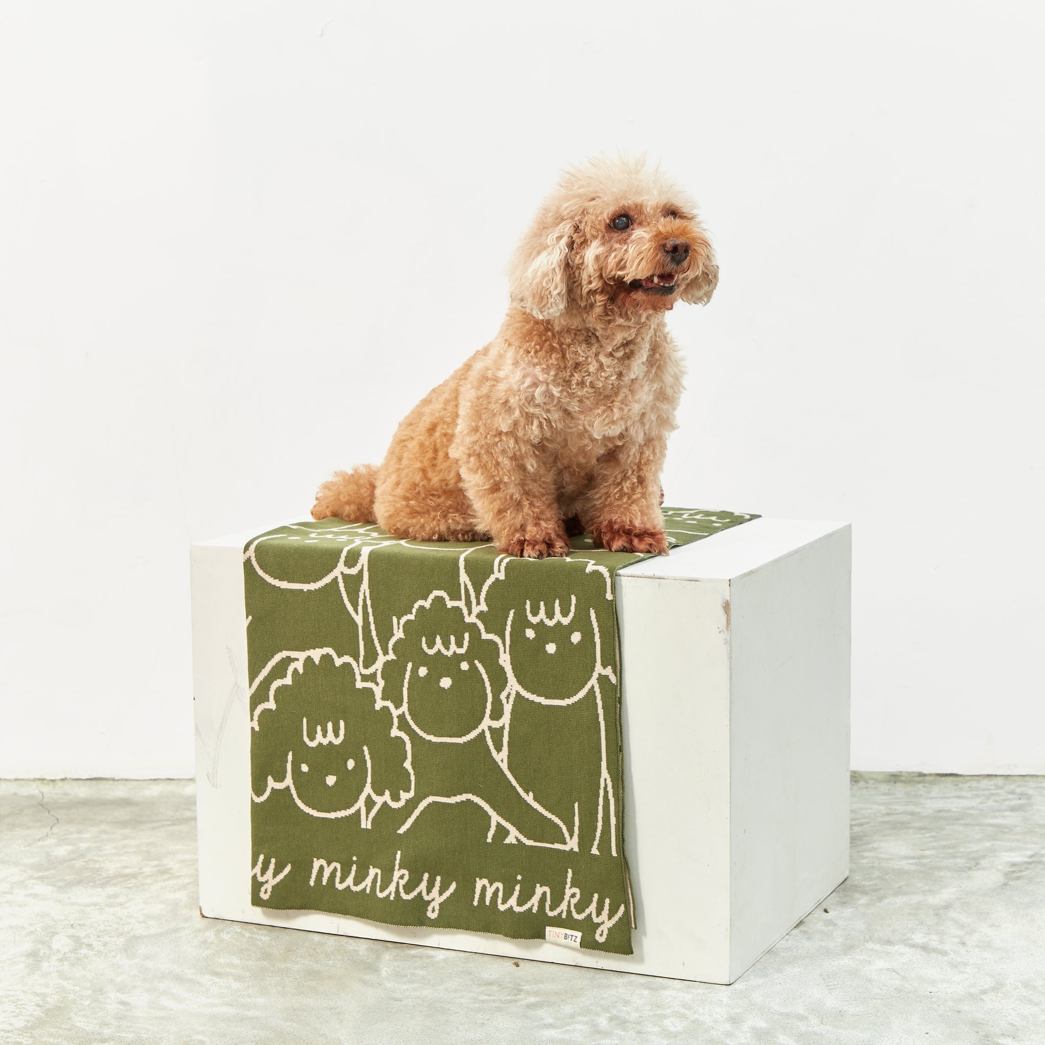 Personalised pet blanket for Poodle in army green and oatmeal knitted cotton, custom knitted dog blanket by TinyBitz, perfect gift for dog lovers.