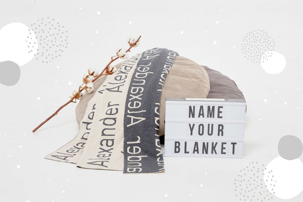 Personalized Knitted Name Blanket in Oatmeal colour with Charcoal Font