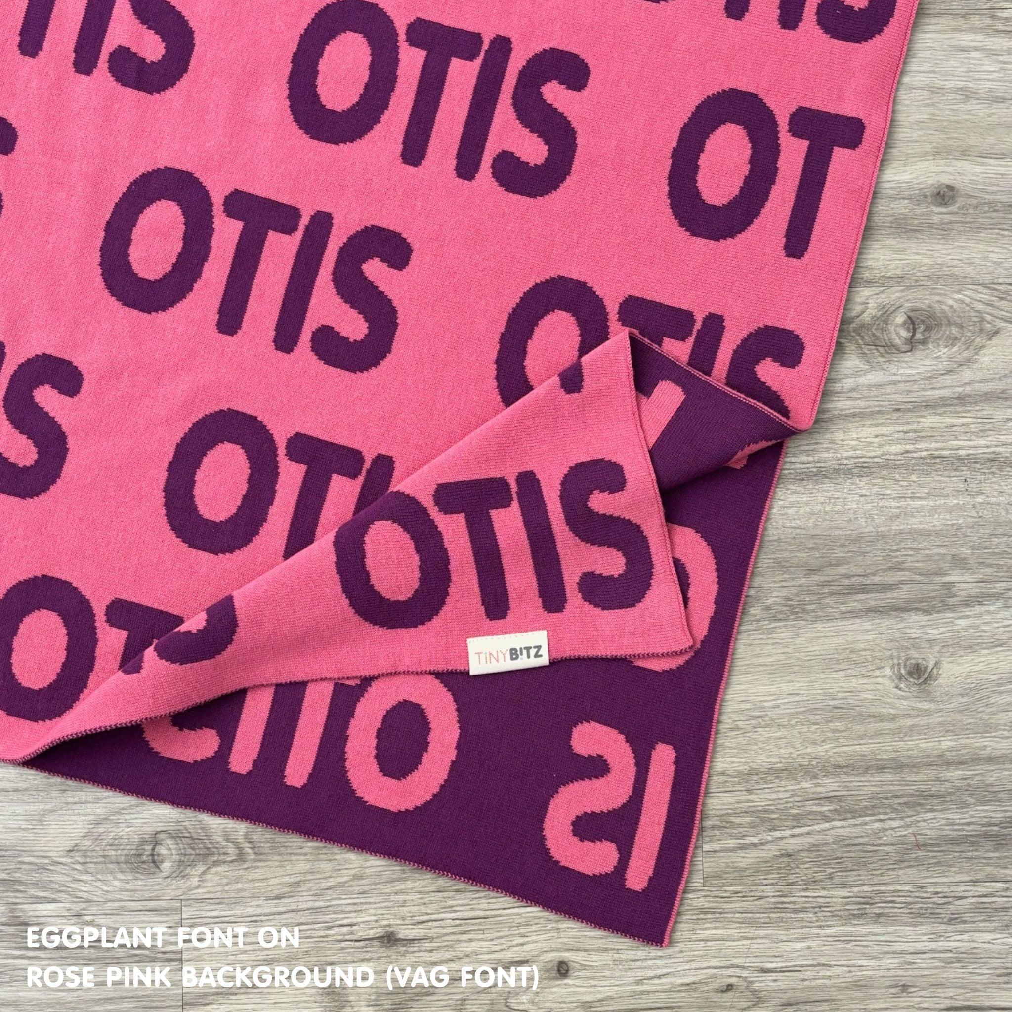 Personalised pet blanket for cats in rose pink and eggplant knitted cotton, personalise your cat bed with custom knitted cat blanket by TinyBitz.