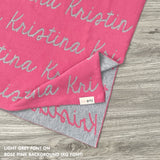 Personalised pet blanket with name Kristina in rose pink and light grey custom dog blanket by TinyBitz, cozy gift for dogs.