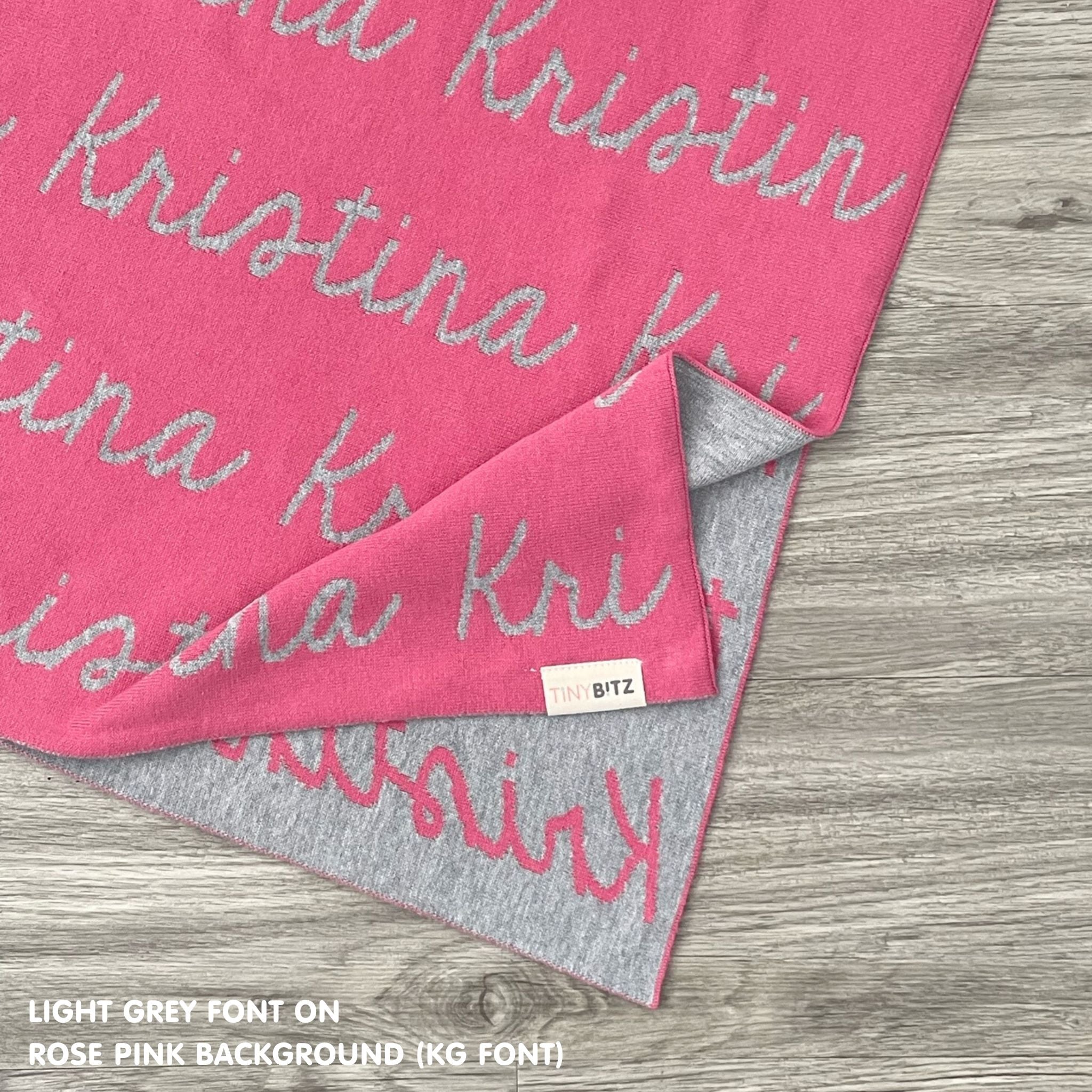 Personalised pet blanket with name Kristina in rose pink and light grey custom dog blanket by TinyBitz, cozy gift for dogs.