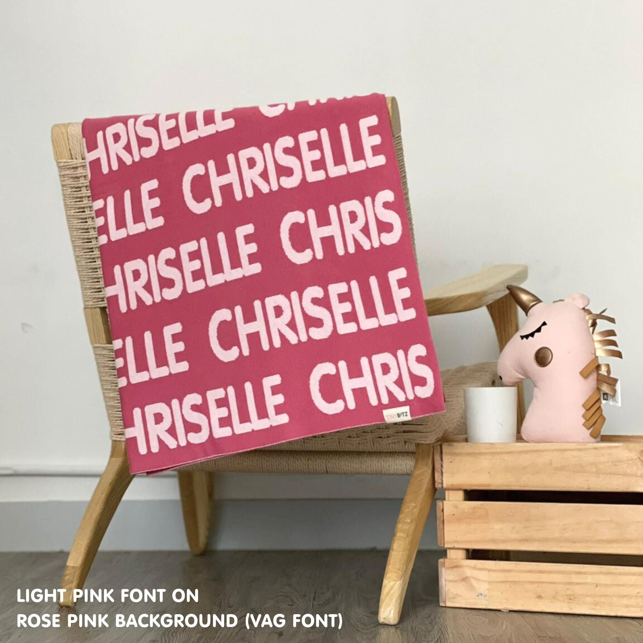 Personalised pet blanket in rose pink and light pink knitted cotton, cozy custom cat blanket by TinyBitz, perfect personalized gift for pet lovers.