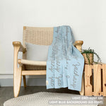 Customisable blanket with adult's name knitted in light blue and light grey, personalized by TinyBitz.