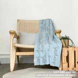 Customisable blanket with adult's name knitted in light blue and light grey, personalized by TinyBitz.