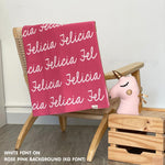 Personalised pet blanket in rose pink and white knitted cotton, cozy custom cat blanket by TinyBitz, perfect personalized gift for pet lovers.