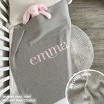 TinyBitz personalized name blanket in grey and light pink with a confetti pattern, perfect gift for newborn babies and kids.
