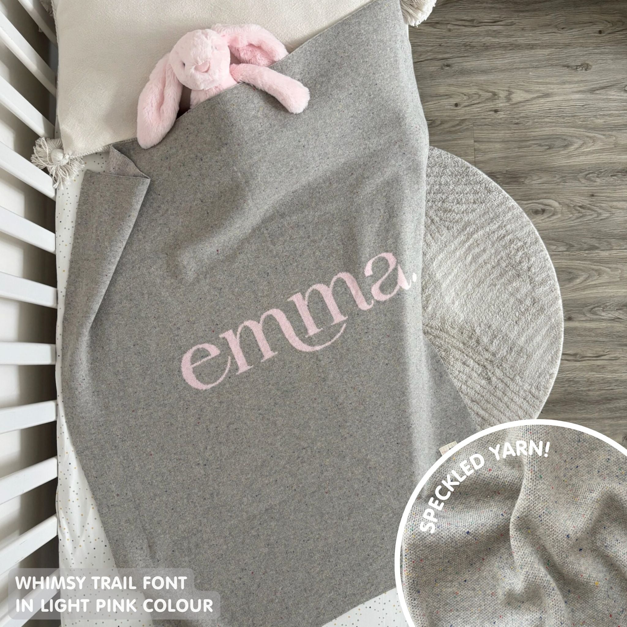 TinyBitz personalized name blanket in grey and light pink with a confetti pattern, perfect gift for newborn babies and kids.
