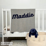 TinyBitz personalized baby name blanket, knitted in grey and navy with a confetti pattern, perfect baby shower gift!