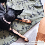 Personalised pet blanket in army green and charcoal knitted cotton, cozy custom cat blanket by TinyBitz, perfect personalized gift for pet lovers.
