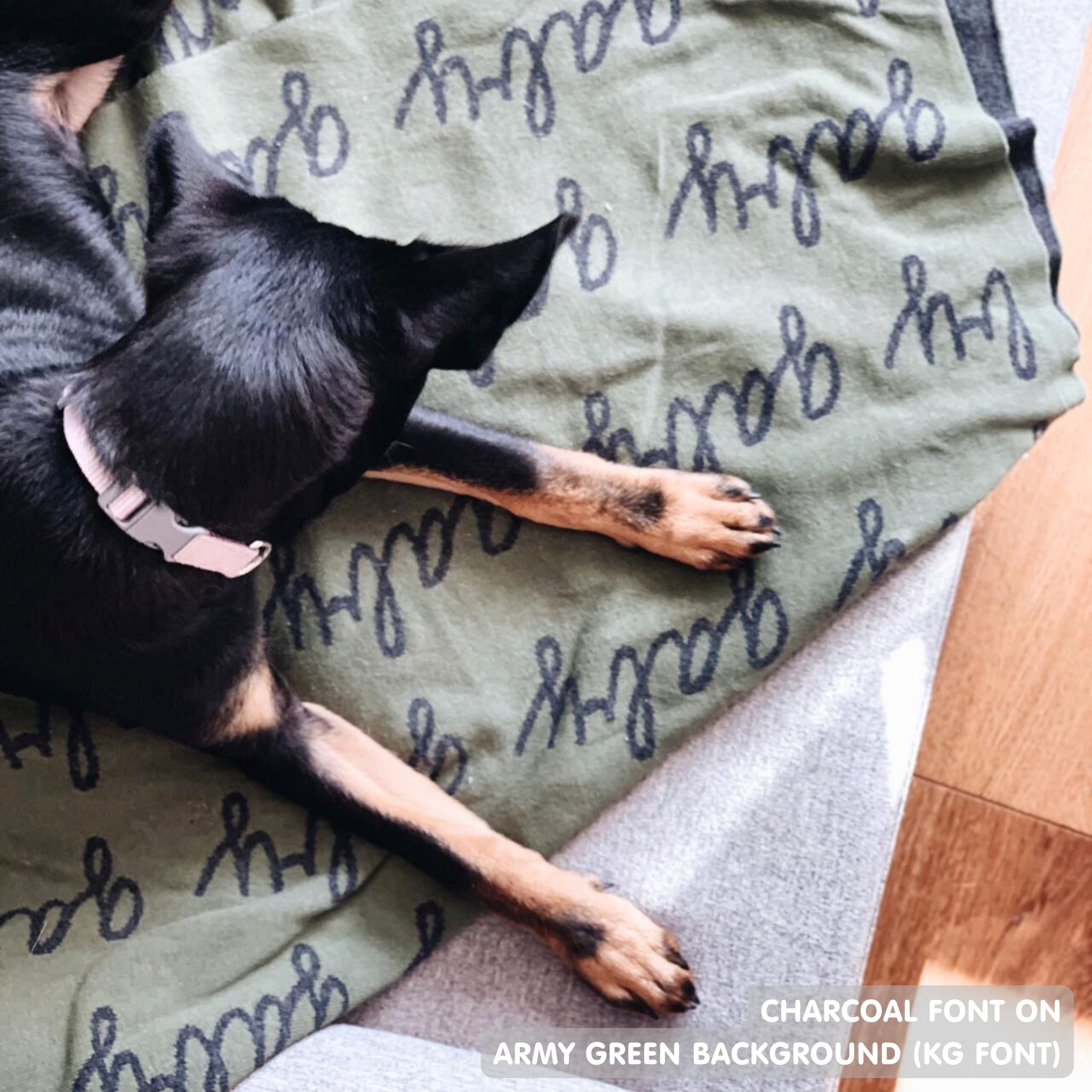 Personalised pet blanket in army green and charcoal knitted cotton, cozy custom cat blanket by TinyBitz, perfect personalized gift for pet lovers.