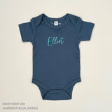 Organic cotton  harbour blue onesie for babies with embroidered name, personalized baby shower gift keepsake from TinyBitz.