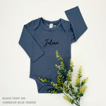 Custom name onesie in harbour blue, personalised baby clothing made with soft breathable fabric by TinyBitz.